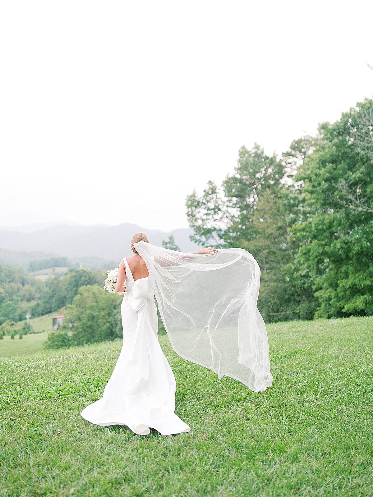 The Ridge Asheville Wedding Bride with veil blowing in the wind Photo