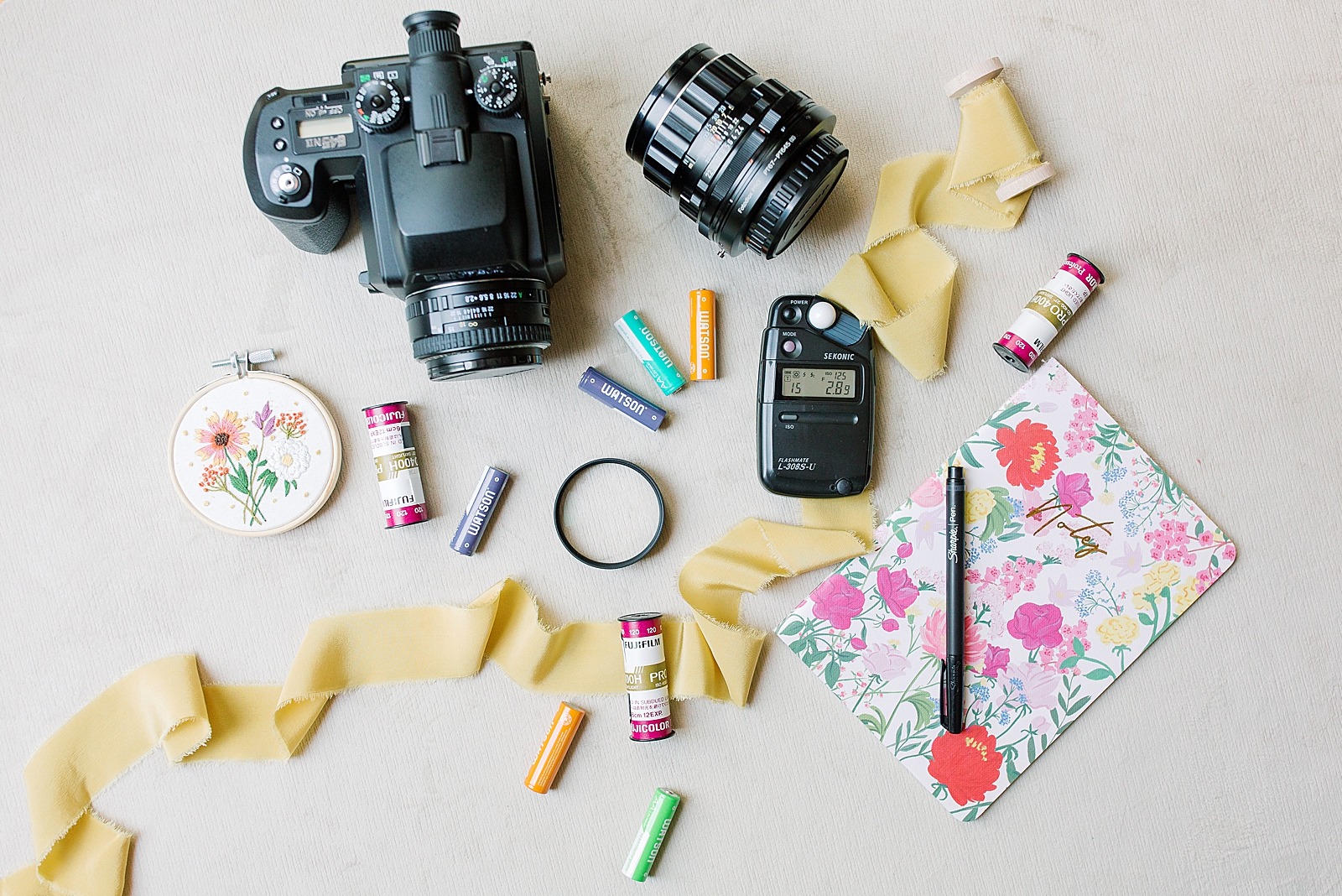 A flat lay image of whats in my camera bag including camera lens light meter film and batteries photo