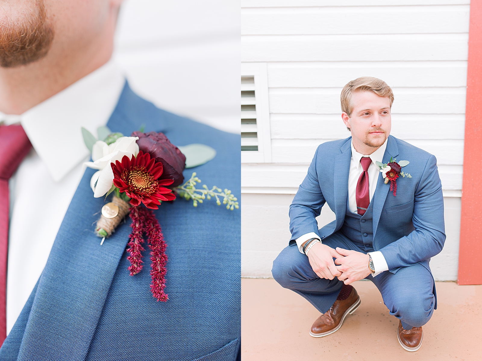 Winmock Wedding Grooms Boutonniere and Groom Squatting looking off Photos