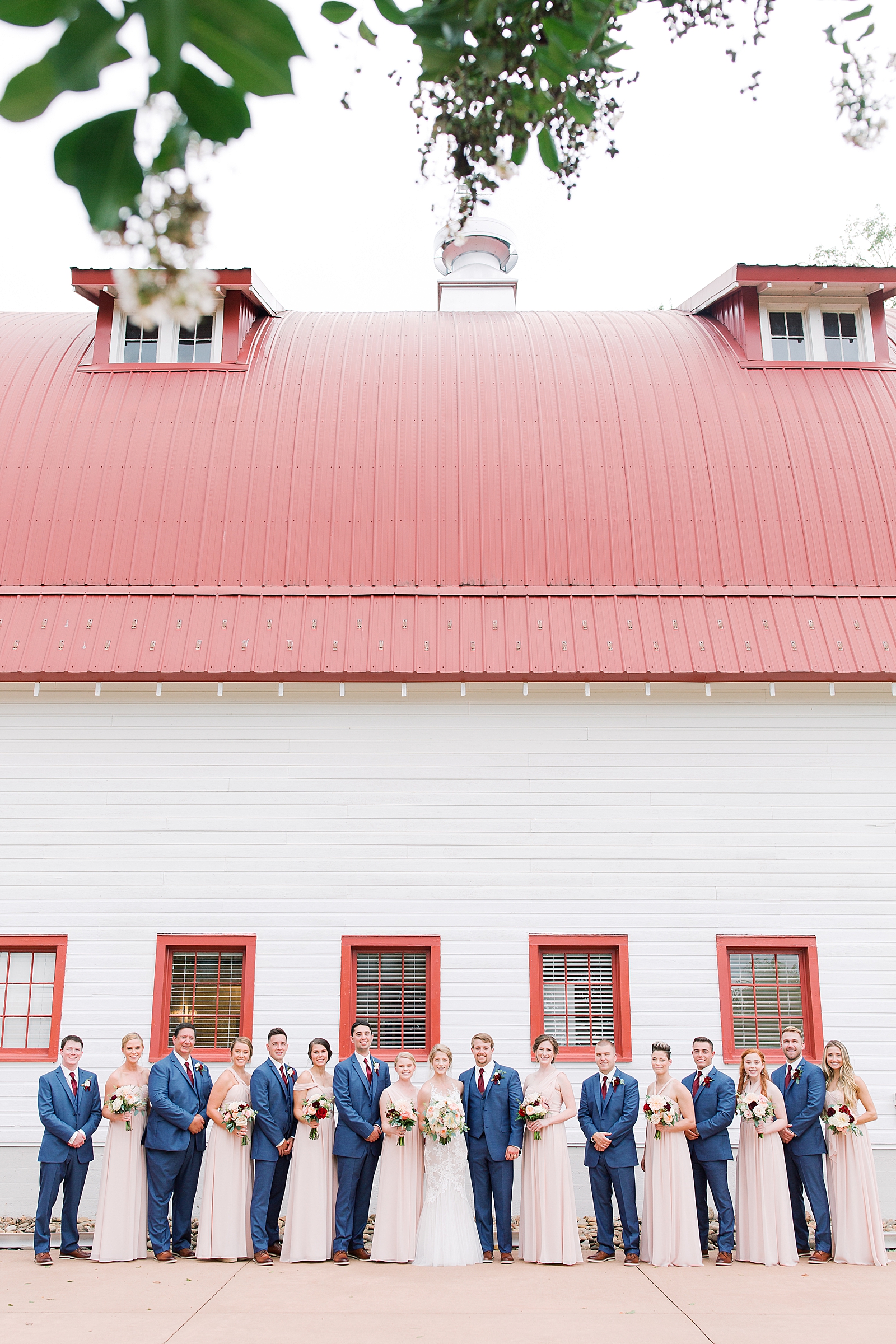 Winmock Wedding Full Bridal Party in front of White and Red Barn Photo