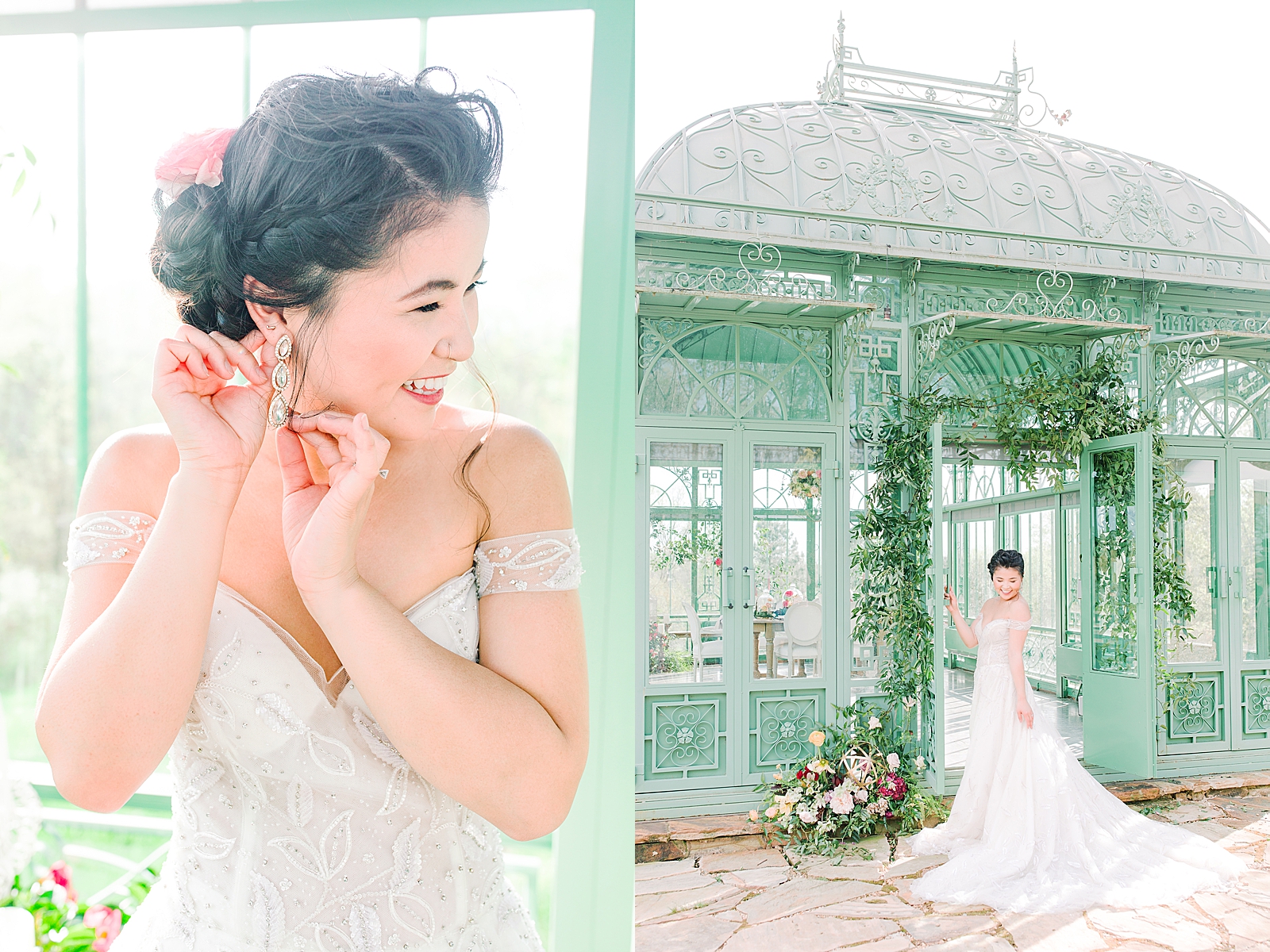 2400 On The River Bridal Session Lily putting on earrings and standing in front of Greenhouse Photos