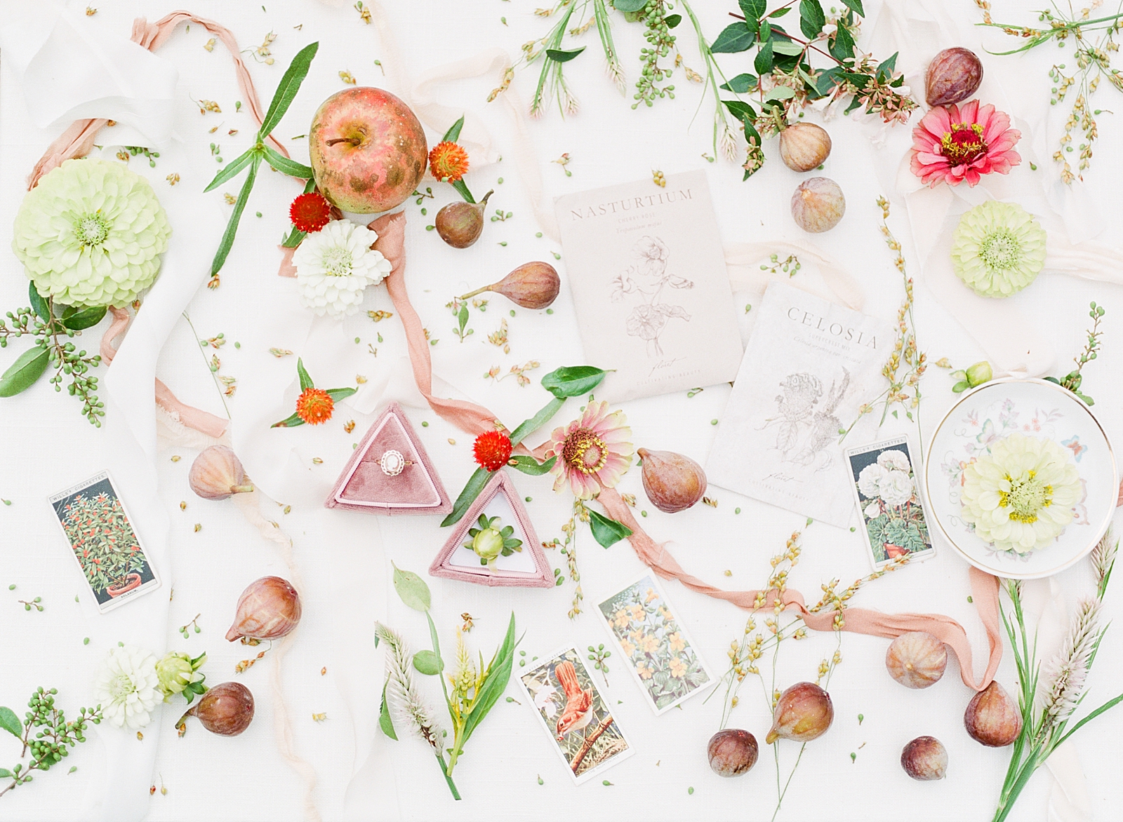 Birmingham Wedding Flat Lay with Figs and Flowers Photo