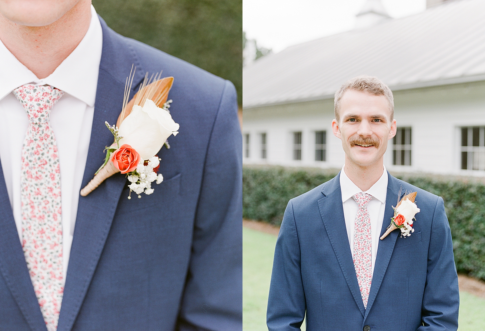 Dairy Barn Wedding Grooms Boutonniere detail and groom smiling at camera Photos 