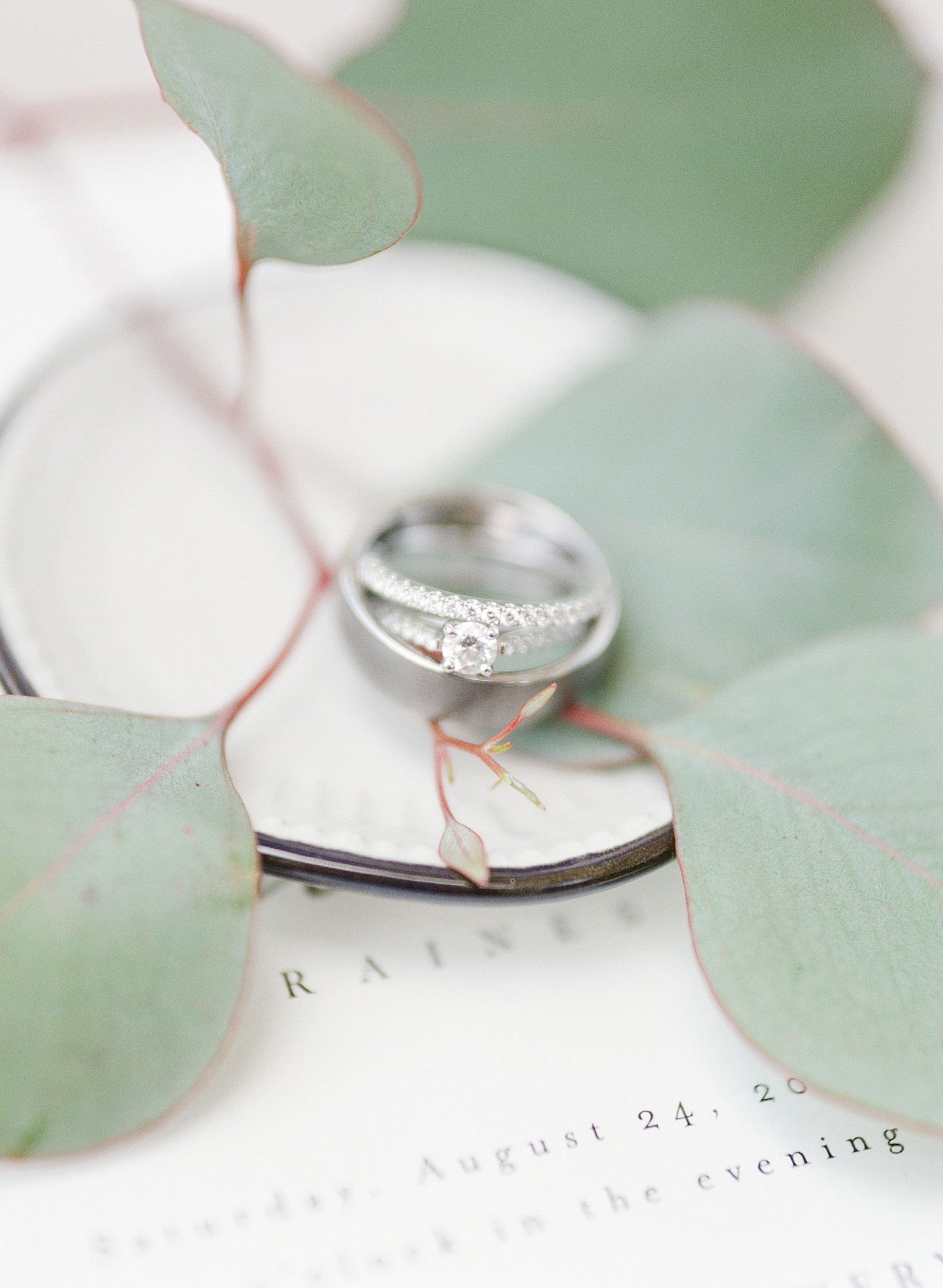 Glover Park Brewery Wedding Detail of Rings in Ring Dish on Invitation Photo