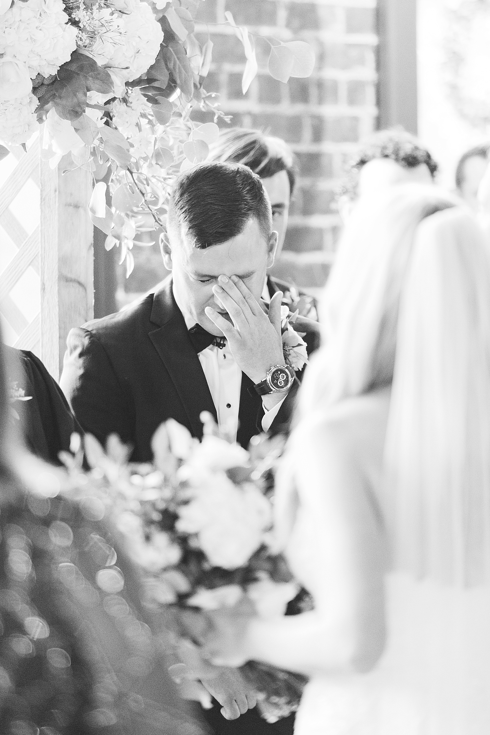 Glover Park Brewery Wedding Ceremony Black and White of Groom Crying Photo