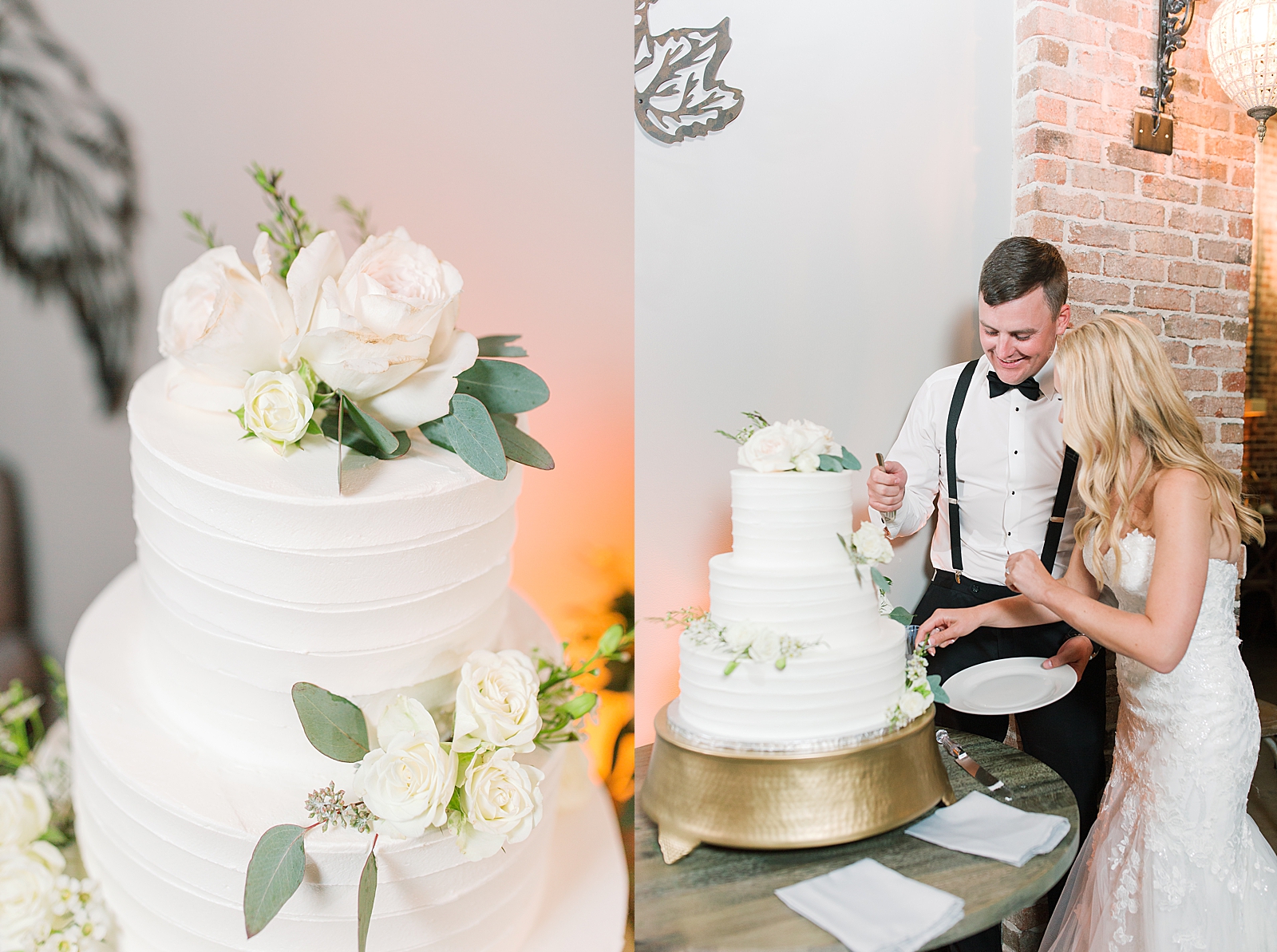 Glover Park Brewery Wedding Reception Cake Detail and Couple Cutting Cake Photos