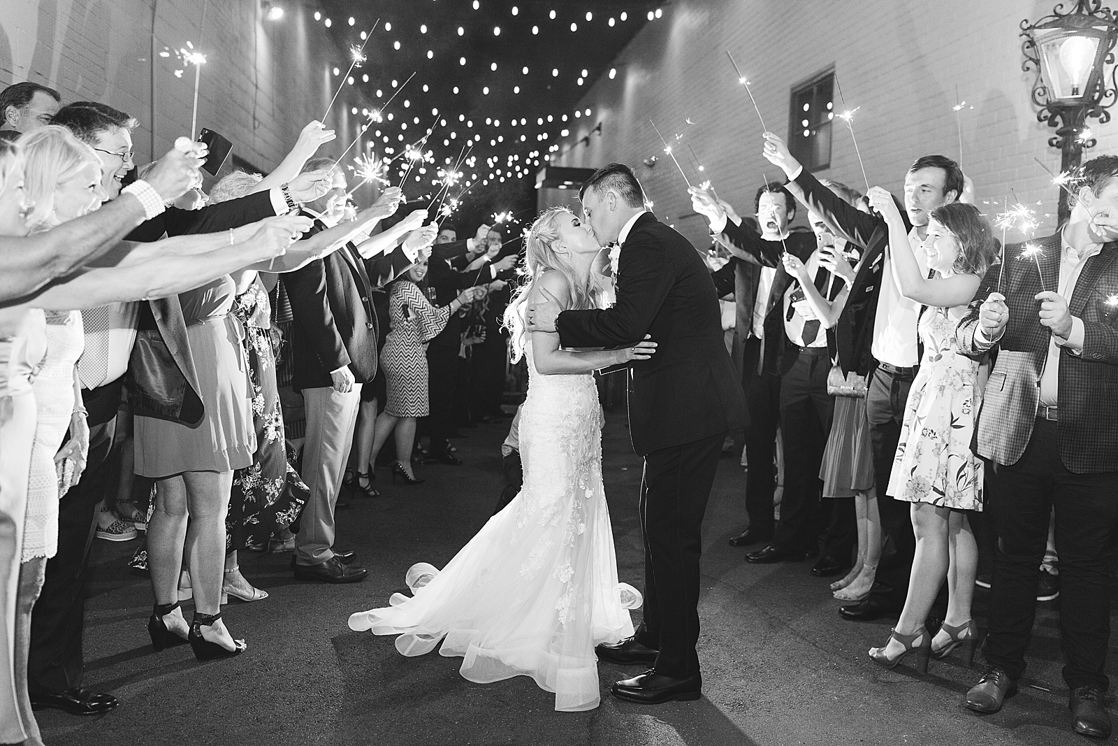 Glover Park Brewery Wedding Black and White Sparkler Exit couple Kissing Photo