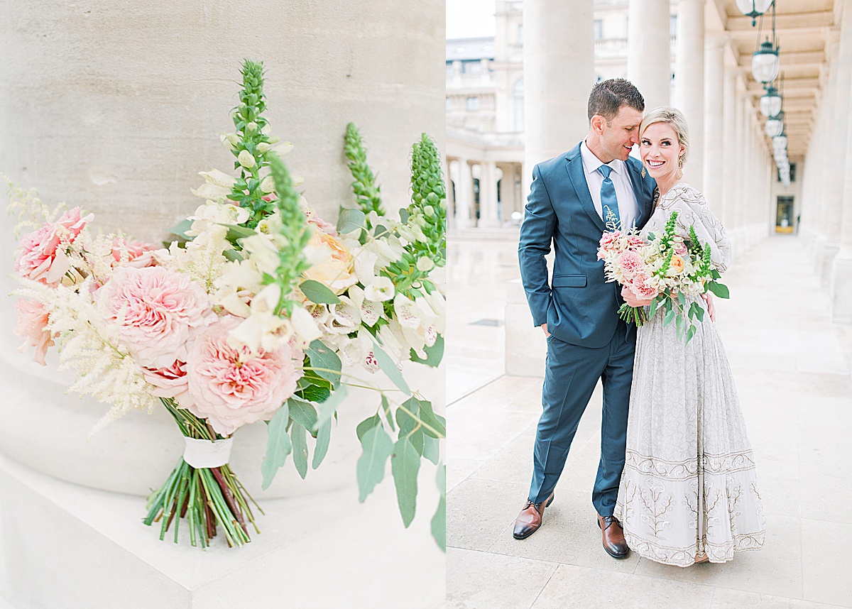 Palais Royal Engagement Bouquet Detail and Couple In between columns Photos
