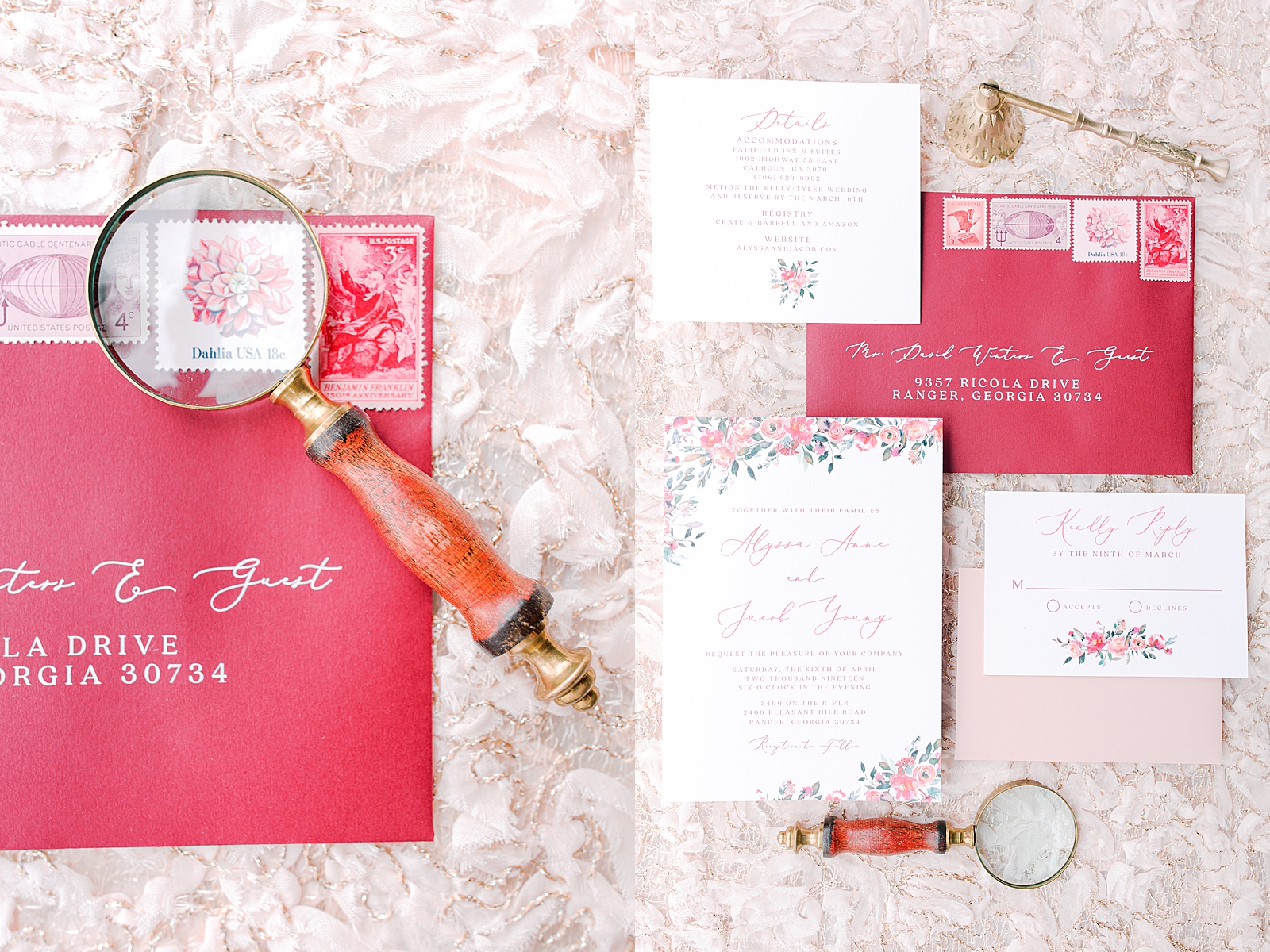 2400 On The River Wedding Invitation Suite with magnifying glass Photos