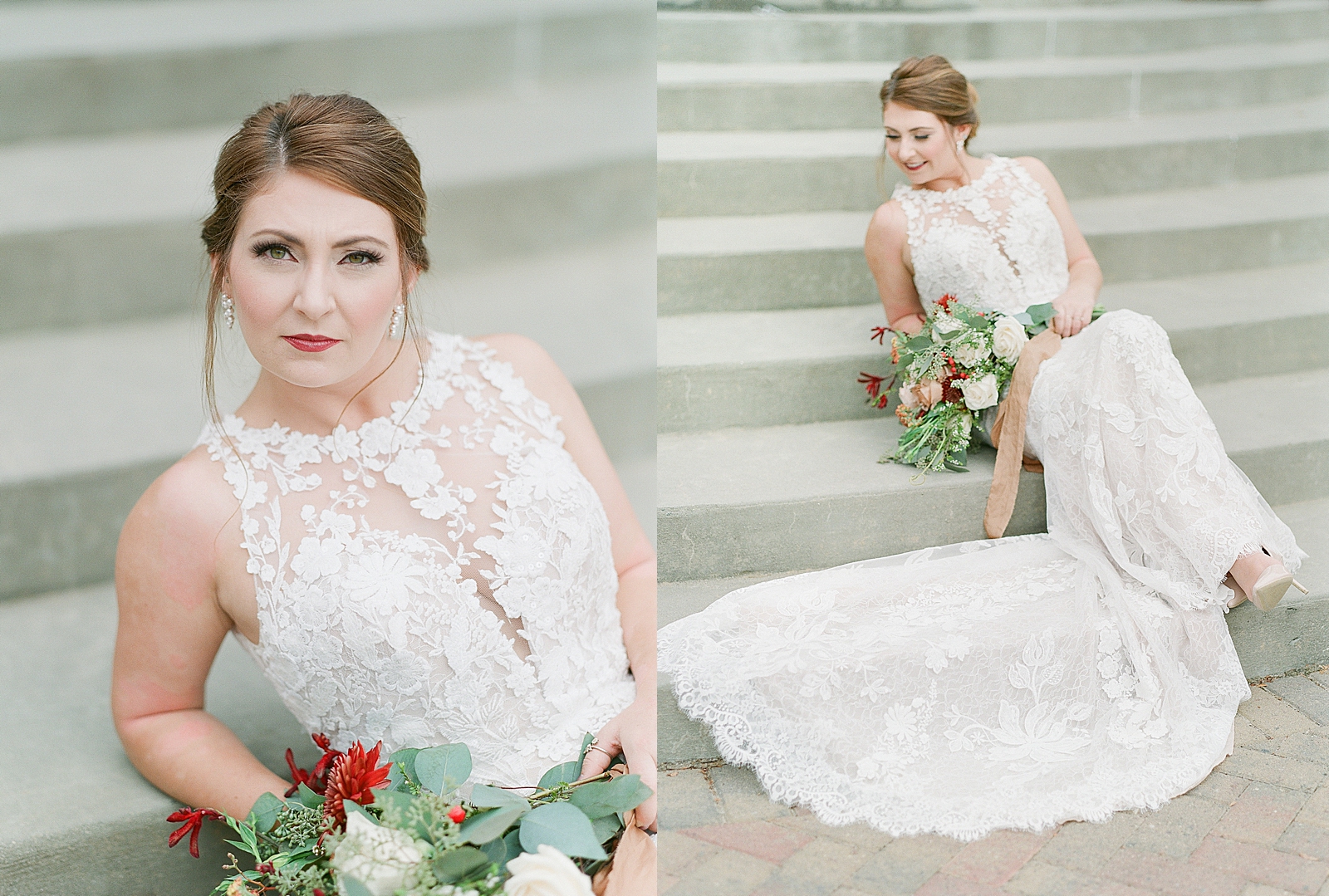 Asheville Bridal Editorial Bride Sitting on Stairs looking at camera and looking down Photos