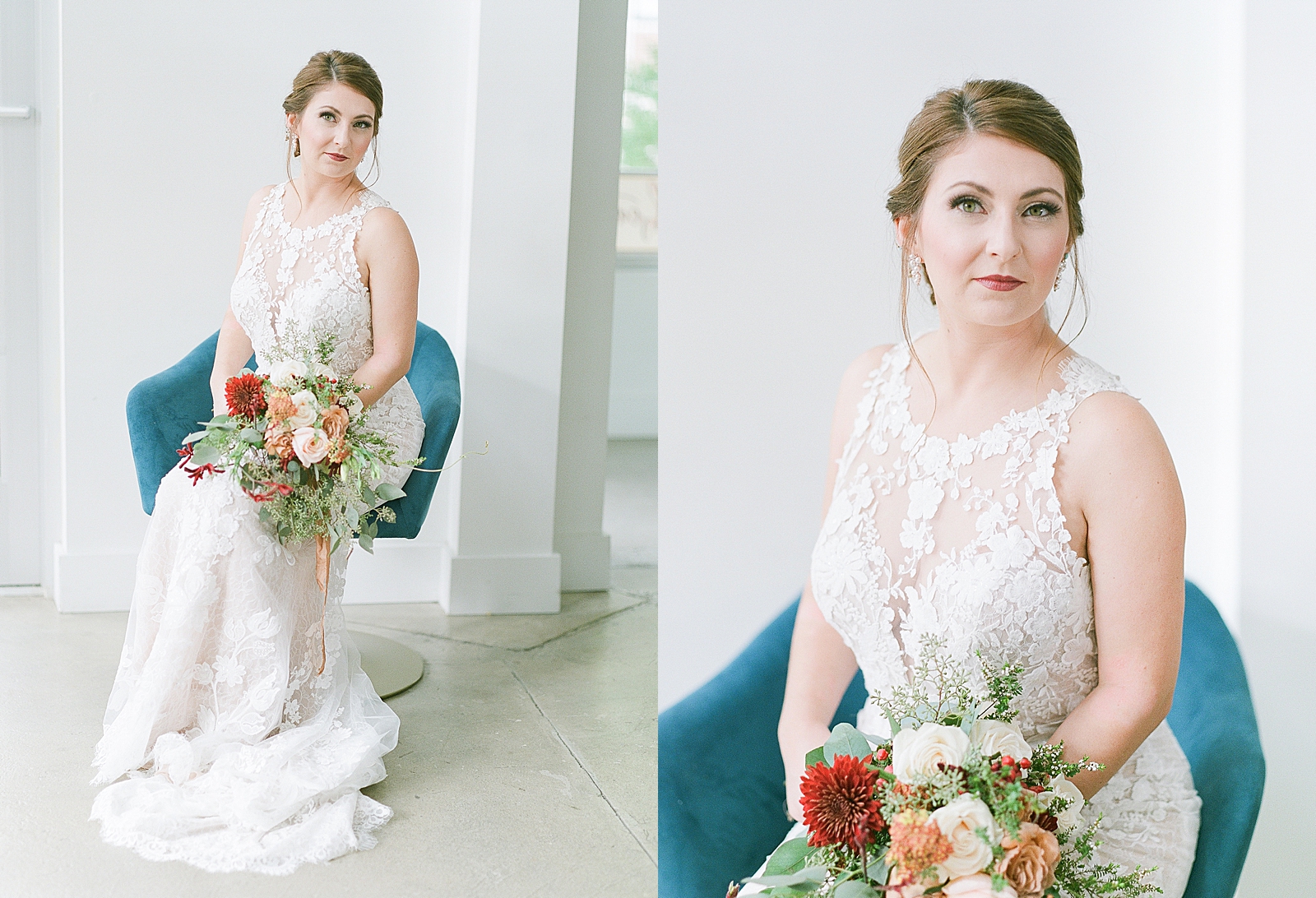 Asheville Bridal Editorial Bride Sitting in Blue Chair Holding Bouquet Looking at Camera Photos
