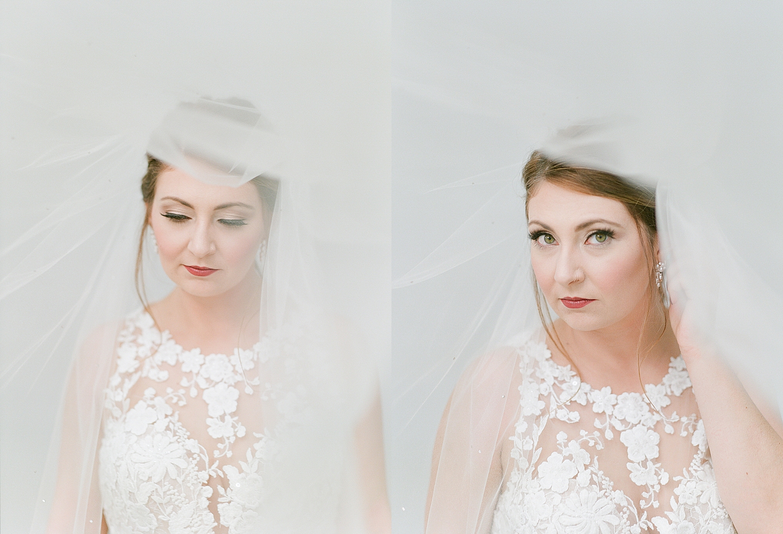 Asheville Bridal Editorial Bride Looking Down and At camera under Veil Photos