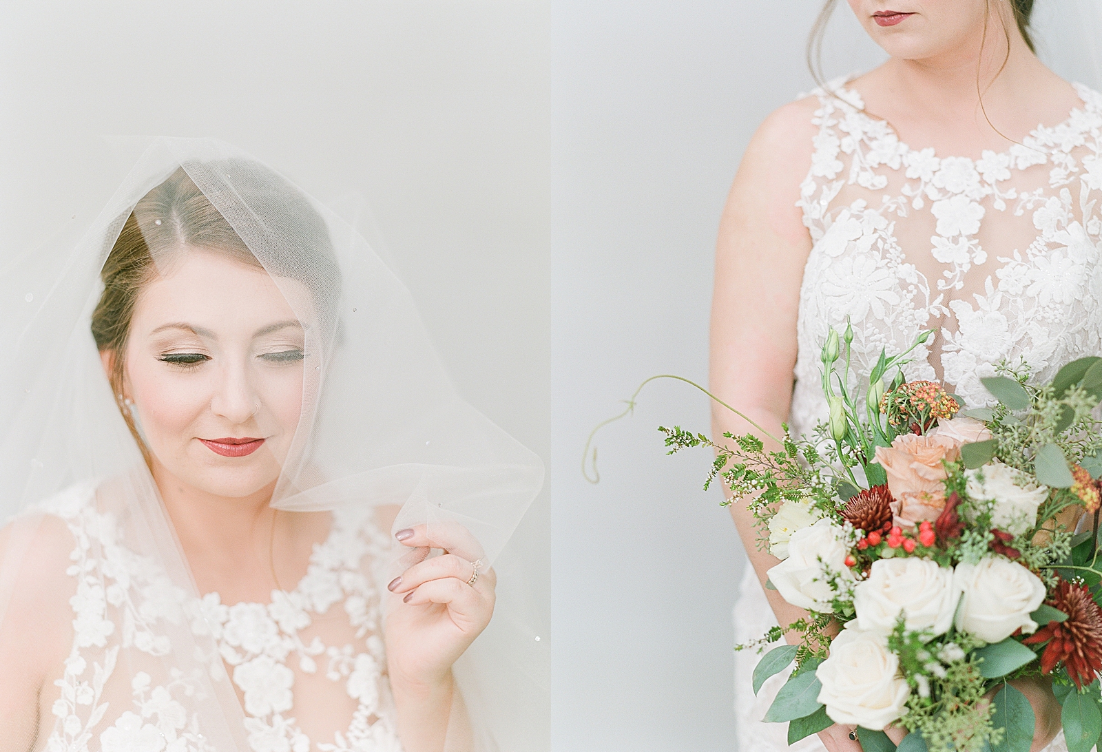 Asheville Bridal Editorial Bride with Veil and Detail of Brides Bouquet Photos