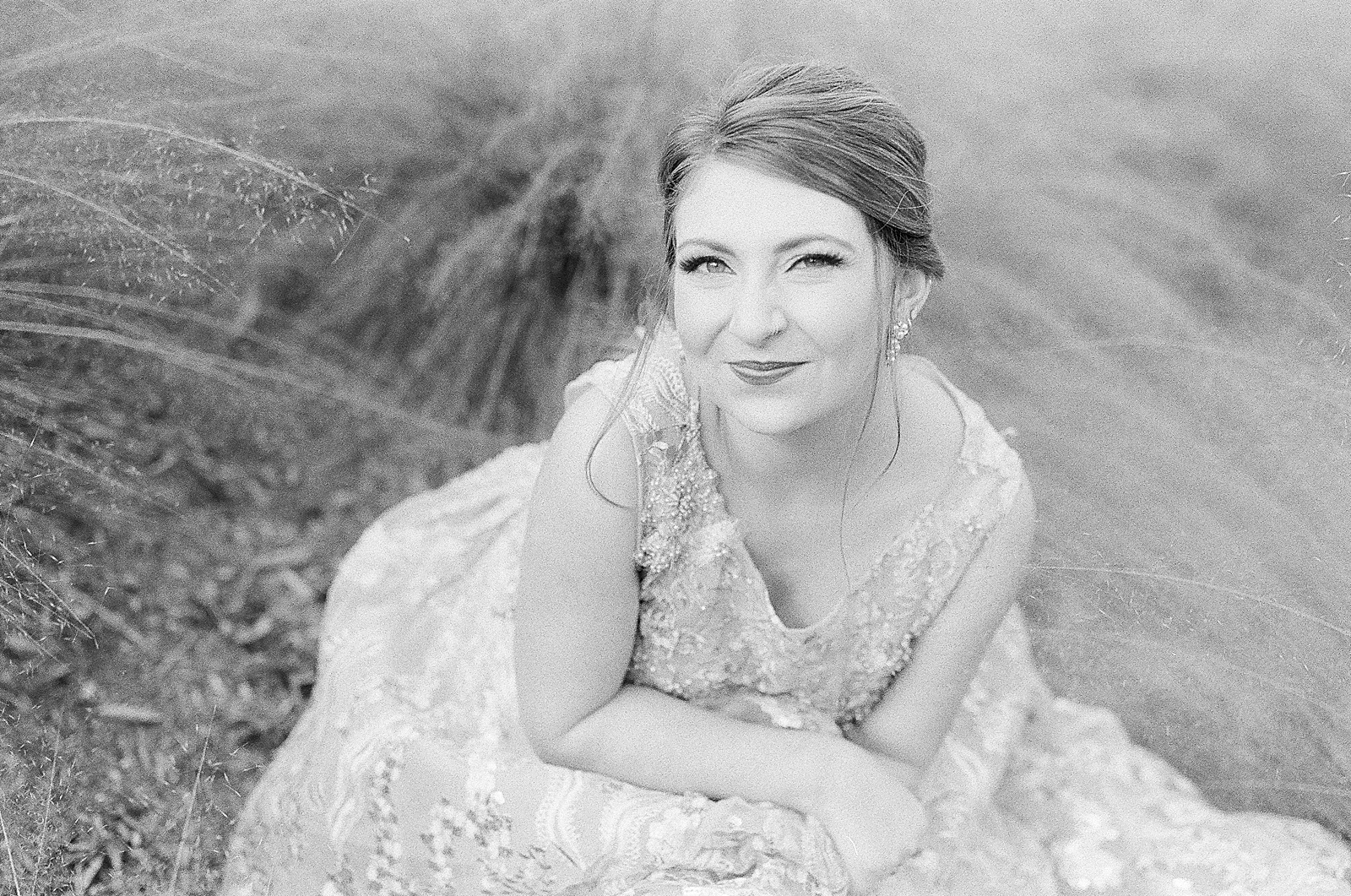 Asheville Bridal Editorial Black and White of Bride Smiling at Camera Photo