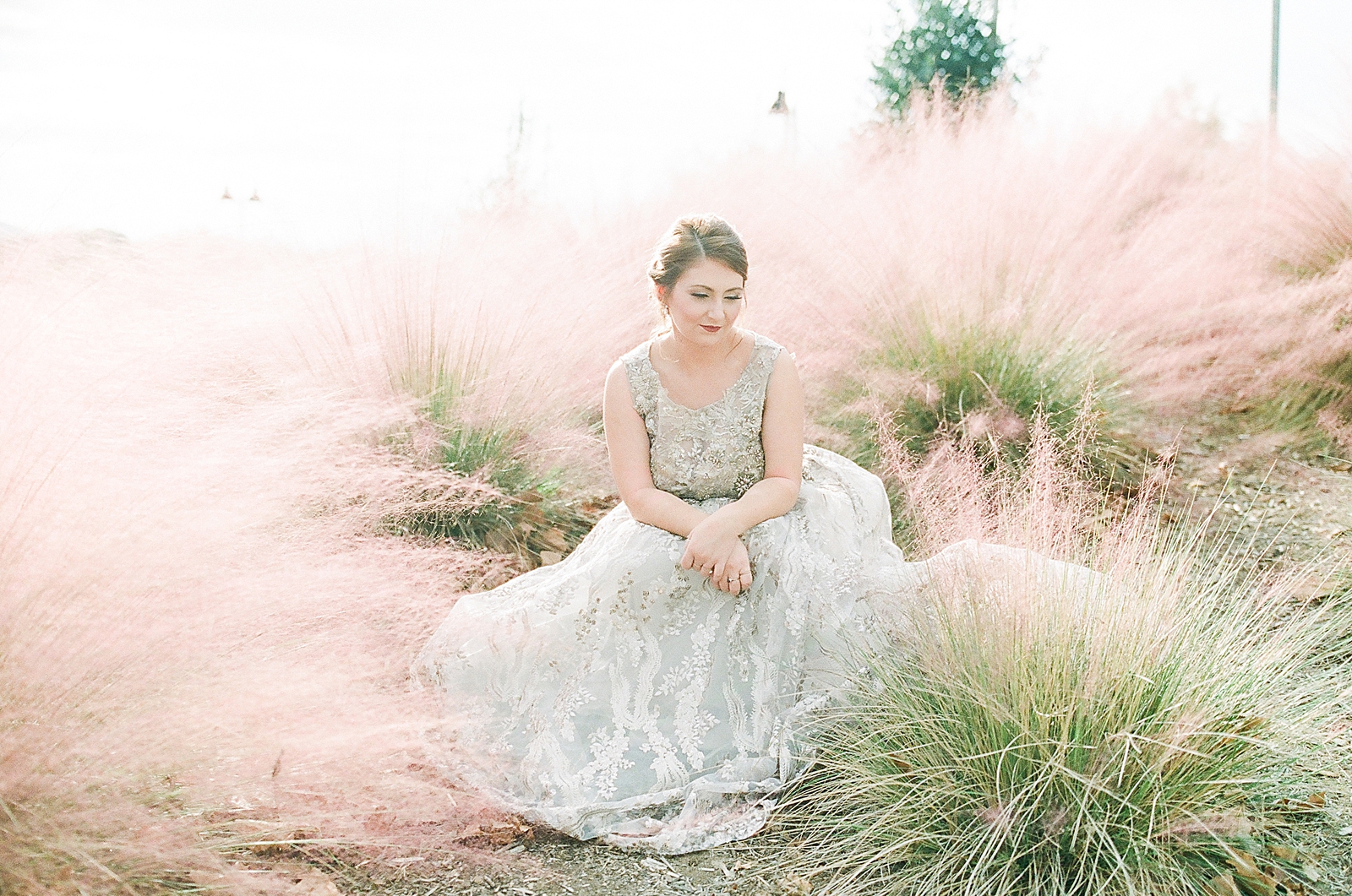 Asheville Bridal Editorial Bride Sitting in Mauve Flowers Photo