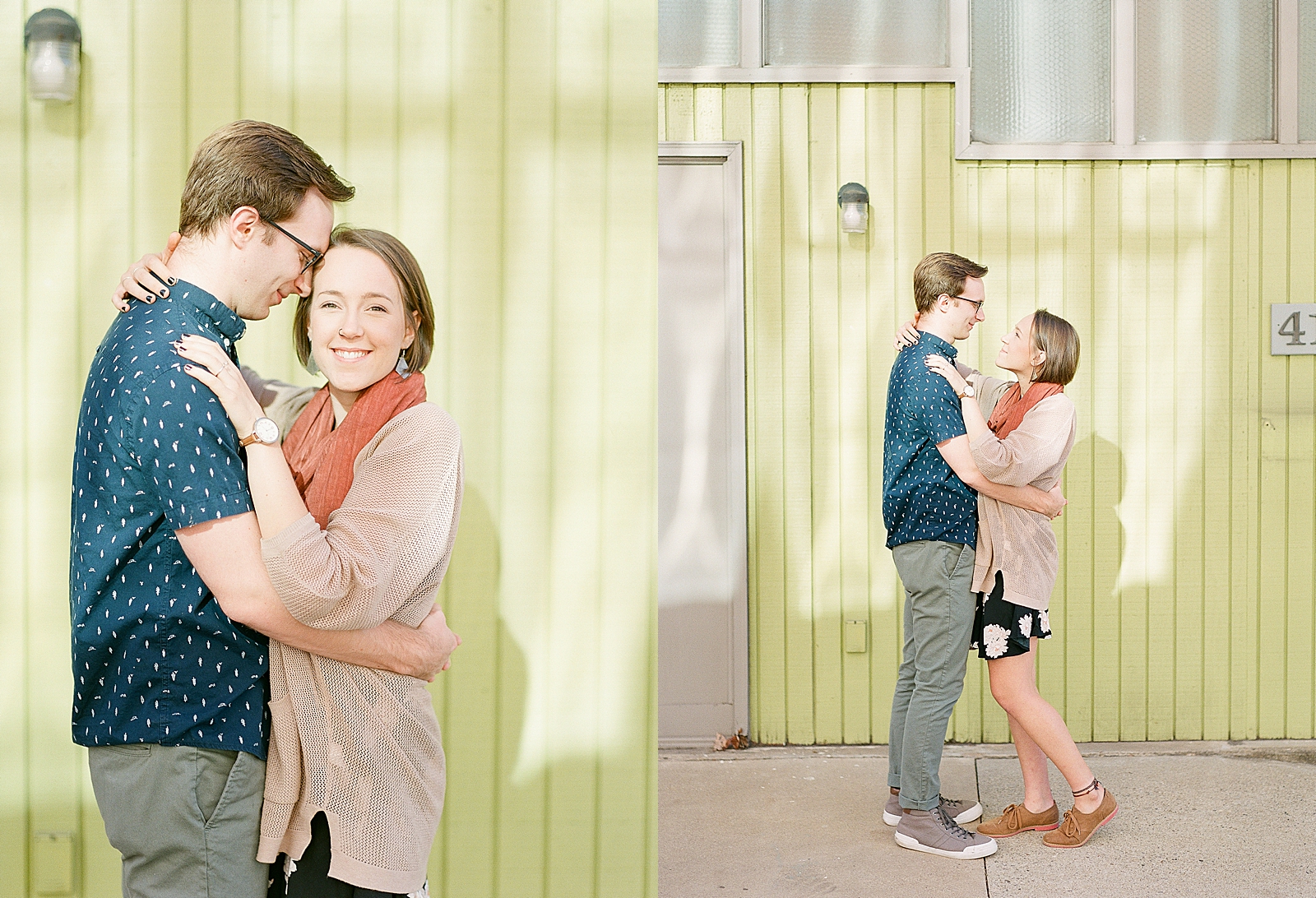Downtown Asheville Engagement Session Couple hugging in front of green wall Photos