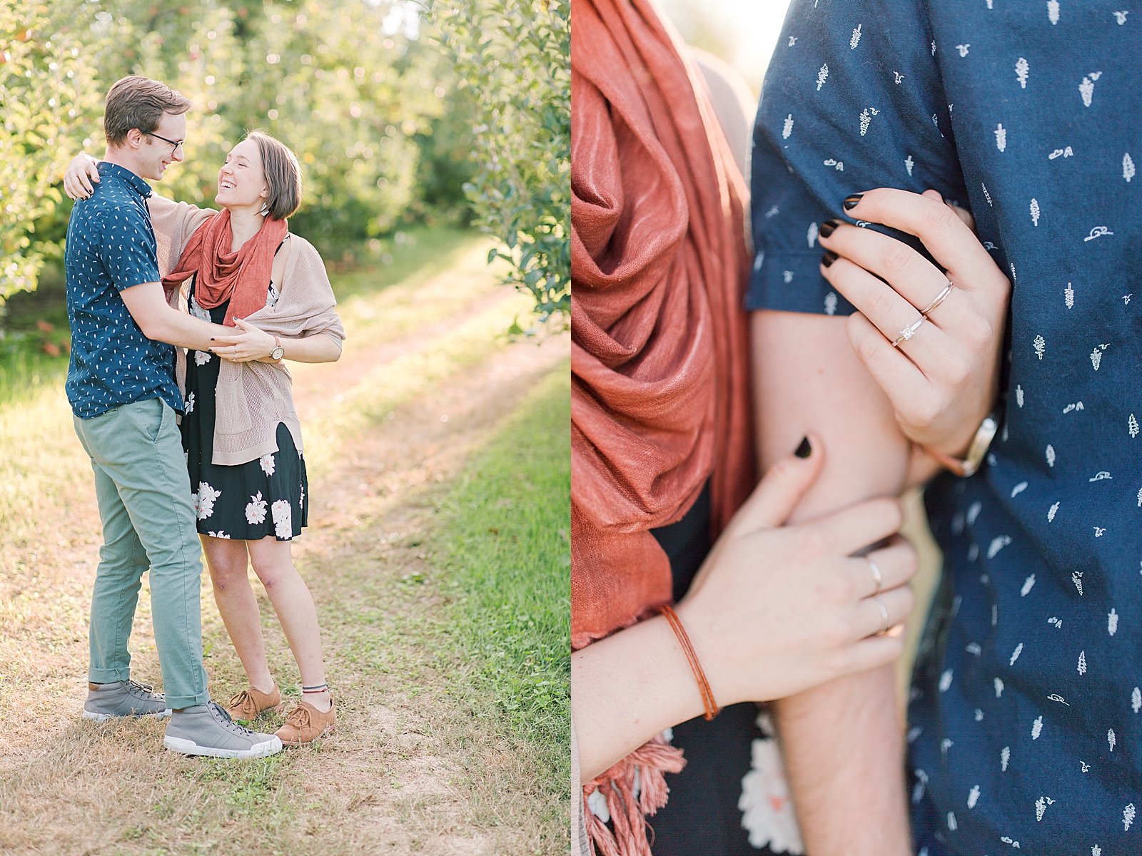 Downtown Asheville Engagement Session Couple Hugging and Laughing and Detail of Hayley's Engagement Ring Photos