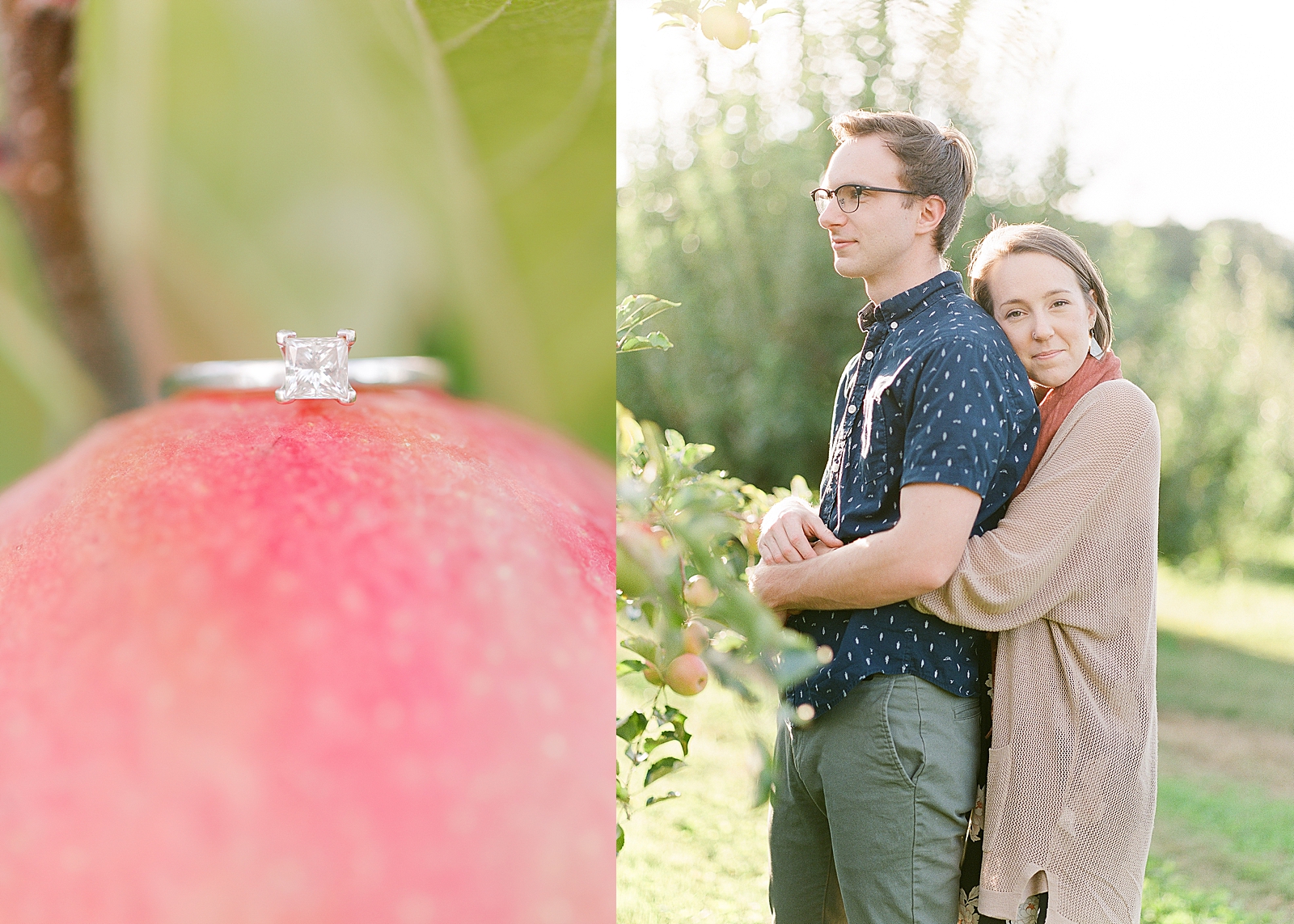 Downtown Asheville Engagement Session Detail of Ring on Apple and Hayley Hugging Michael Photo