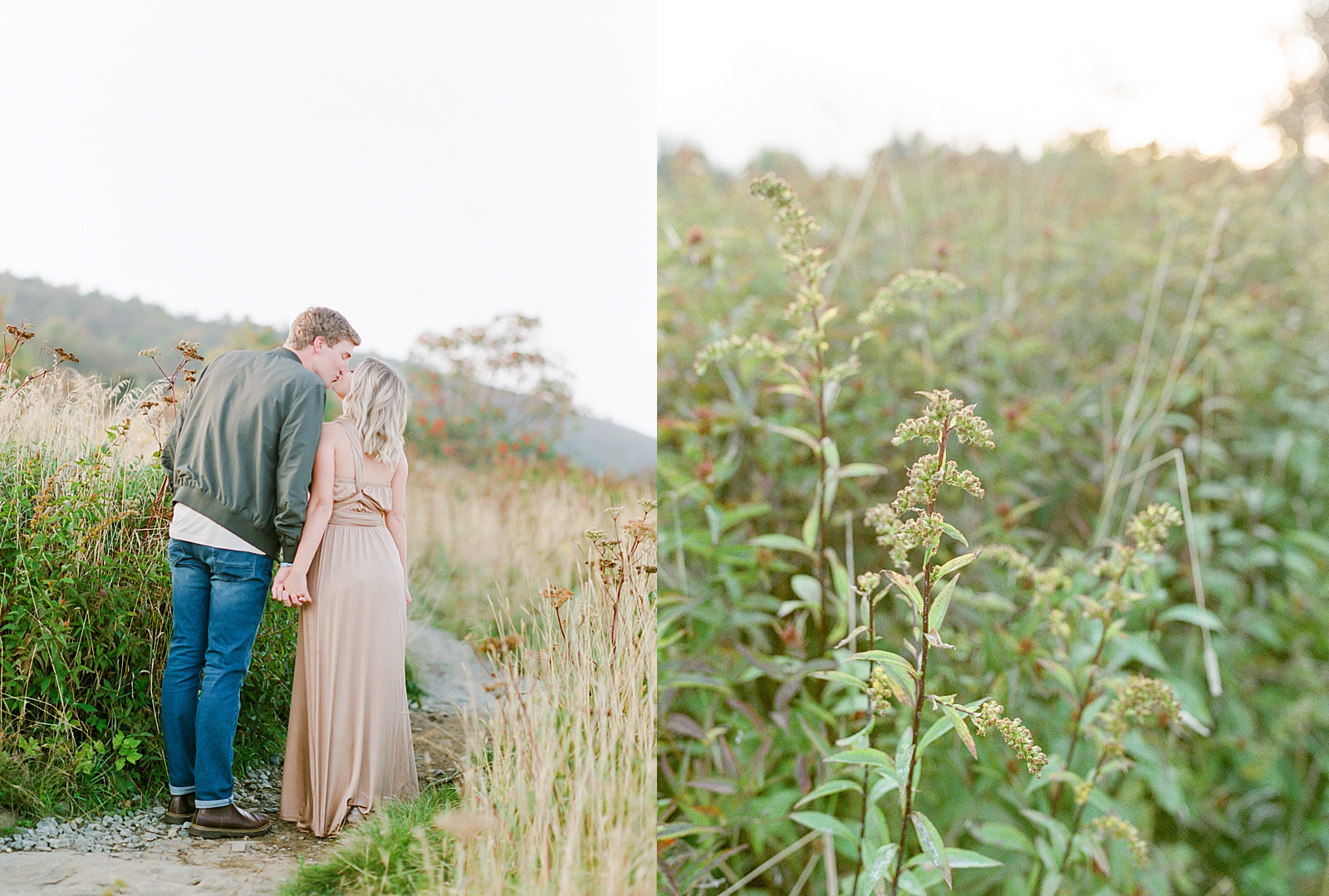 Asheville Mountaintop Session Couple Kissing Holding Hands and Detail of Grass Photos