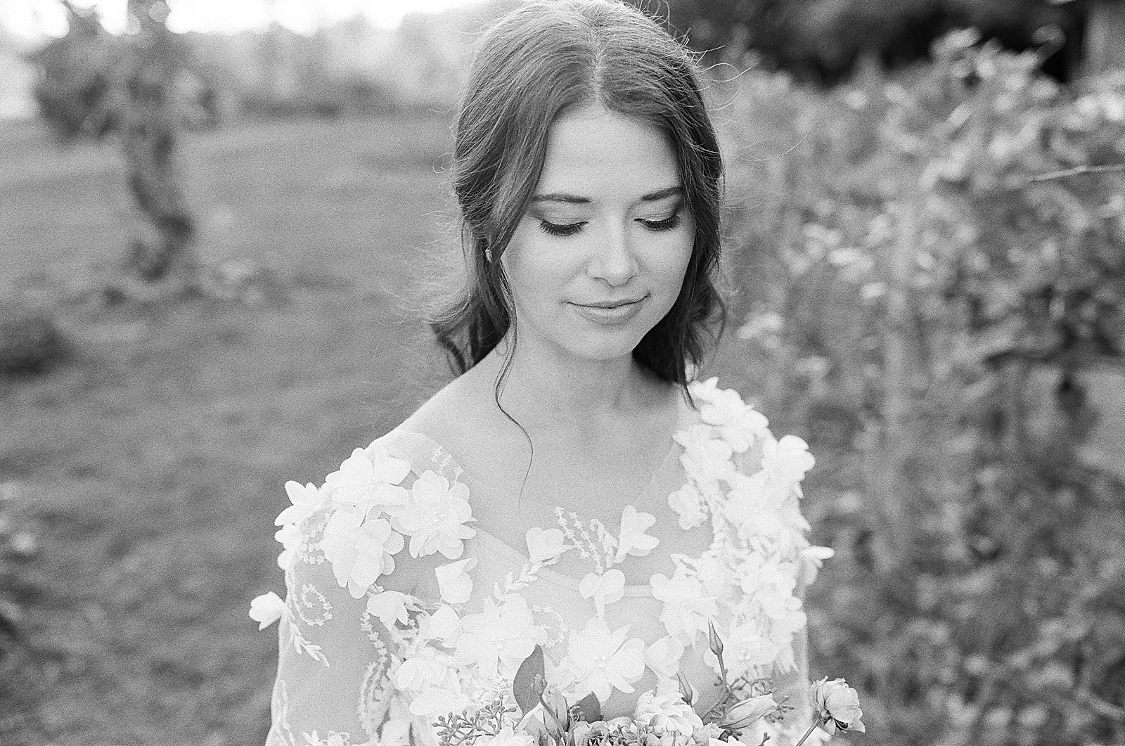 Asheville Wedding Photographer Bridal Editorial Black and White of Bride looking down Photo