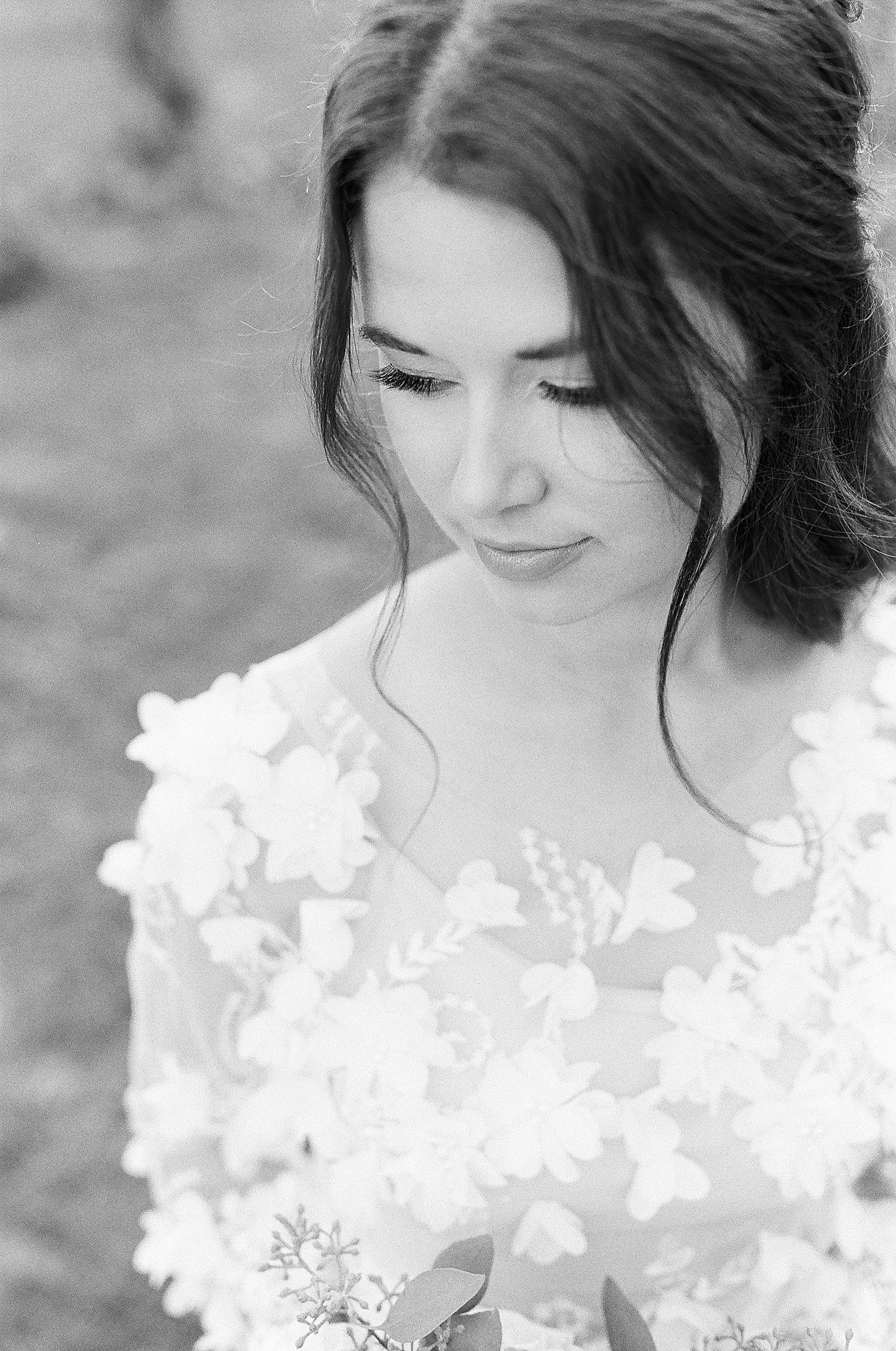 Asheville Wedding Photographer Black and White of Bride Looking Down Photo