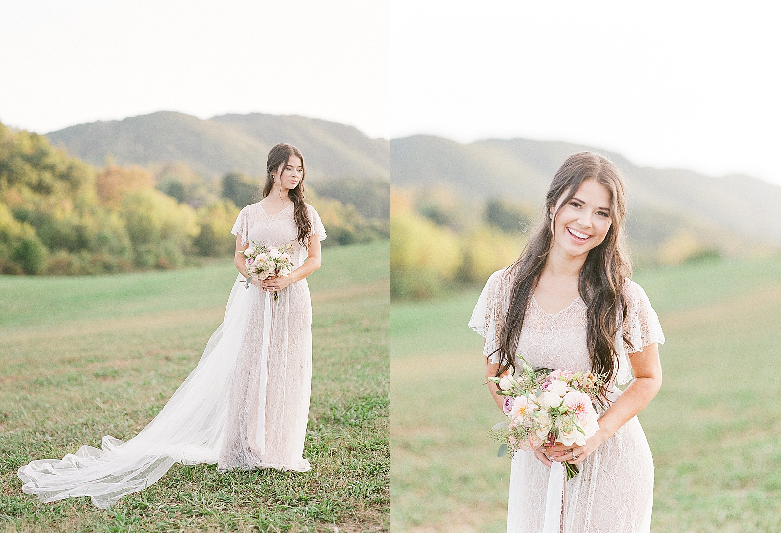 Asheville Wedding Photographer Bridal Editorial Bride Looking down and Smiling at camera Photos