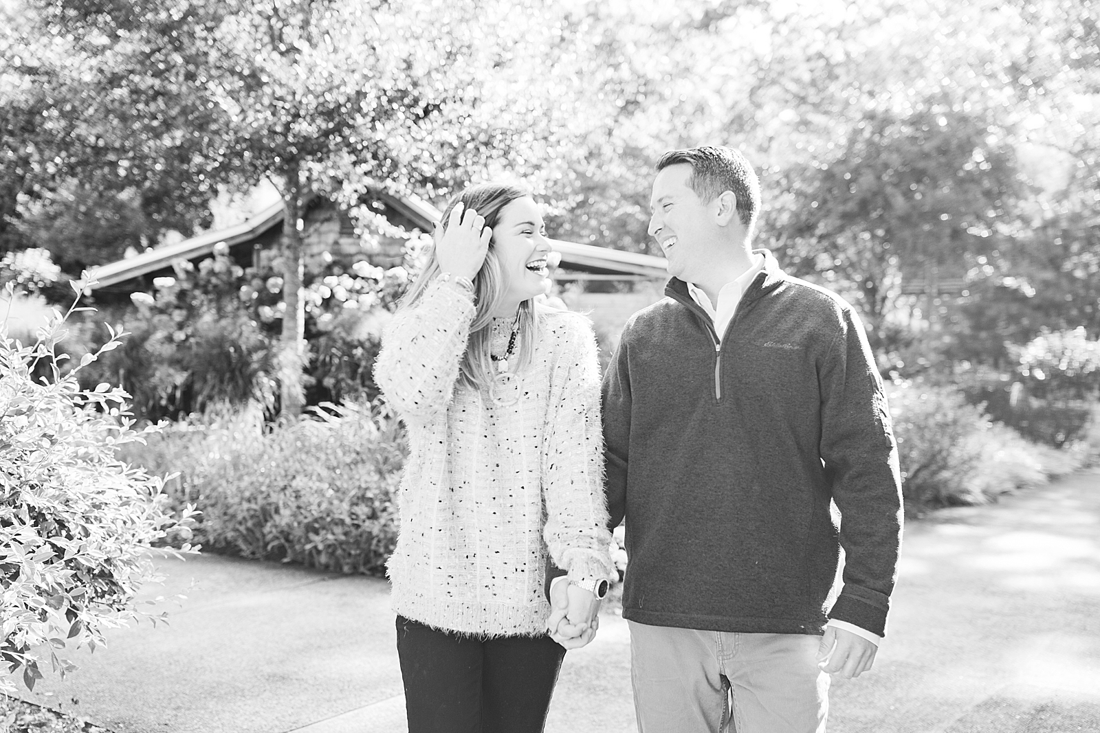 North Carolina Arboretum Black and White of Couple Laughing Holding Hands Photo