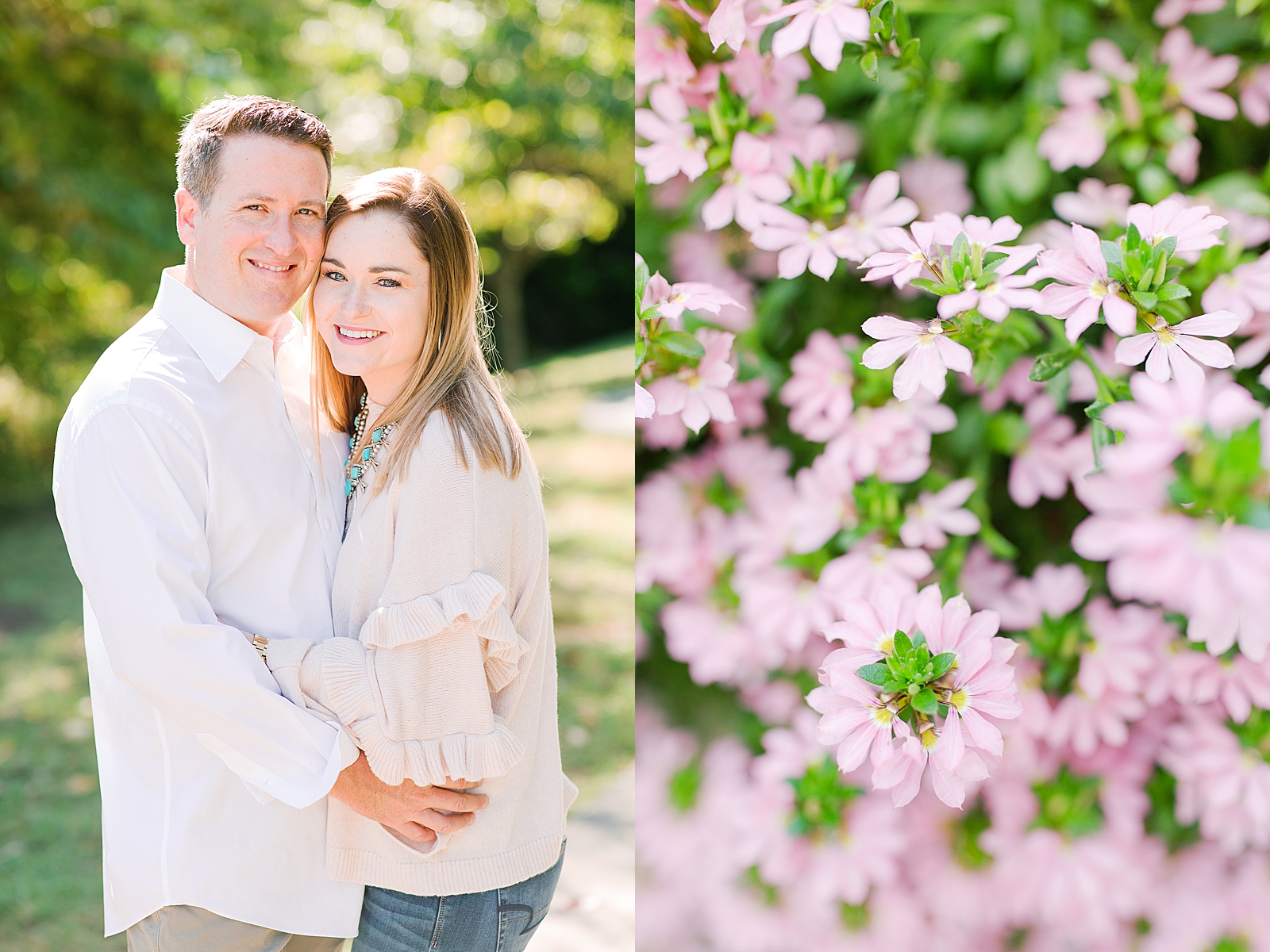 North Carolina Arboretum Couple Smiling at Camera and Pink Flower Detail Photos