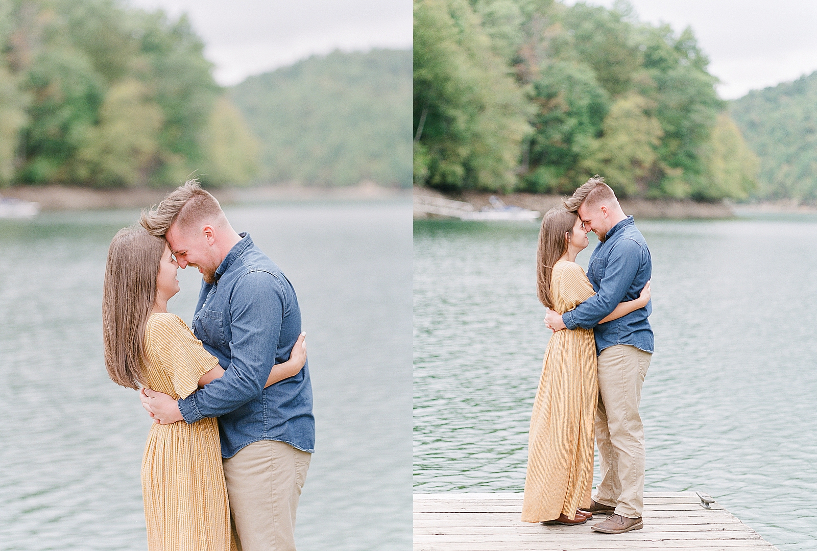  North Carolina Mountain Engagement Session Couple hugging at Lake Photos