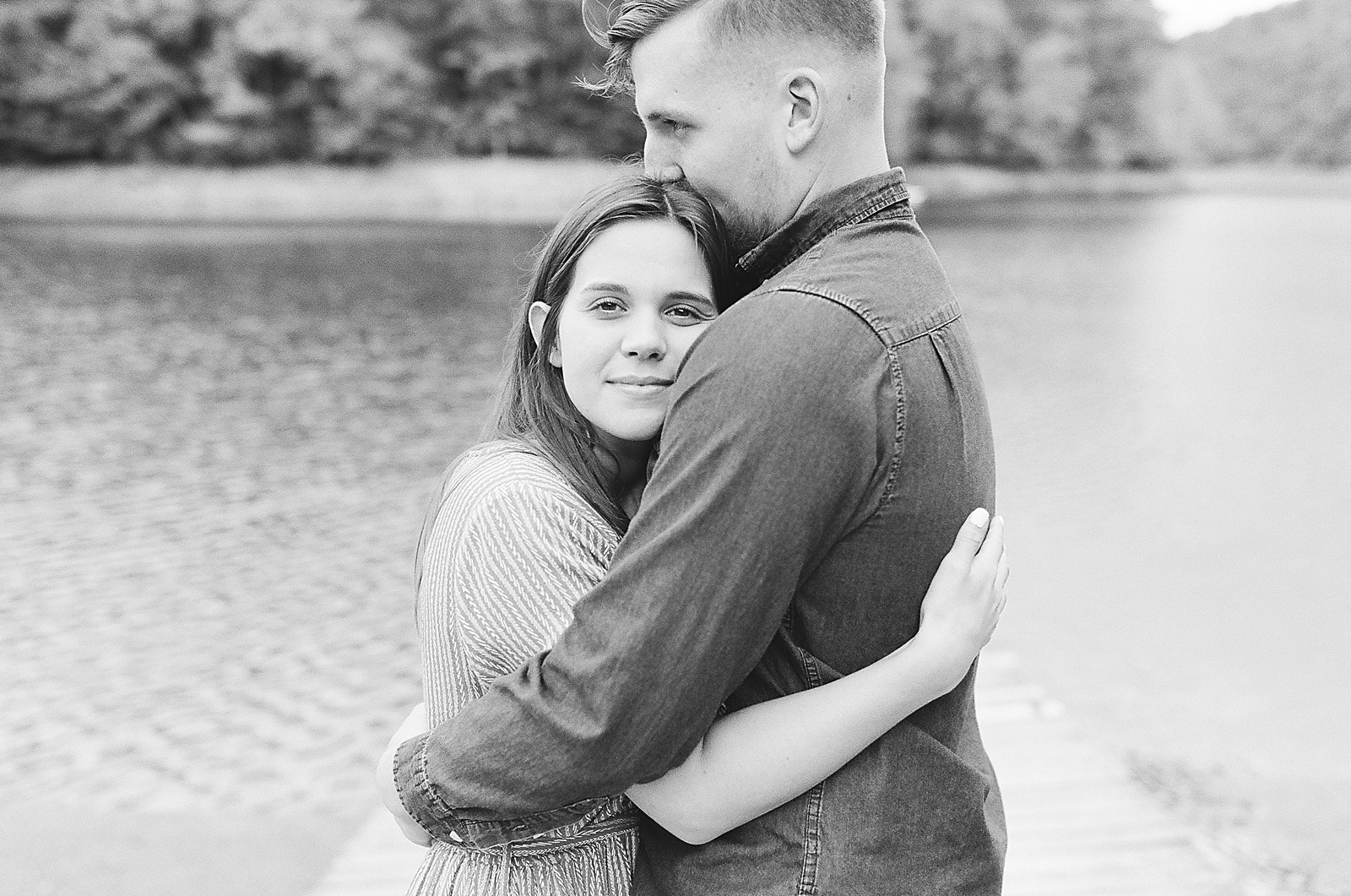 North Carolina Mountain Engagement Session Black and White of couple hugging Photo