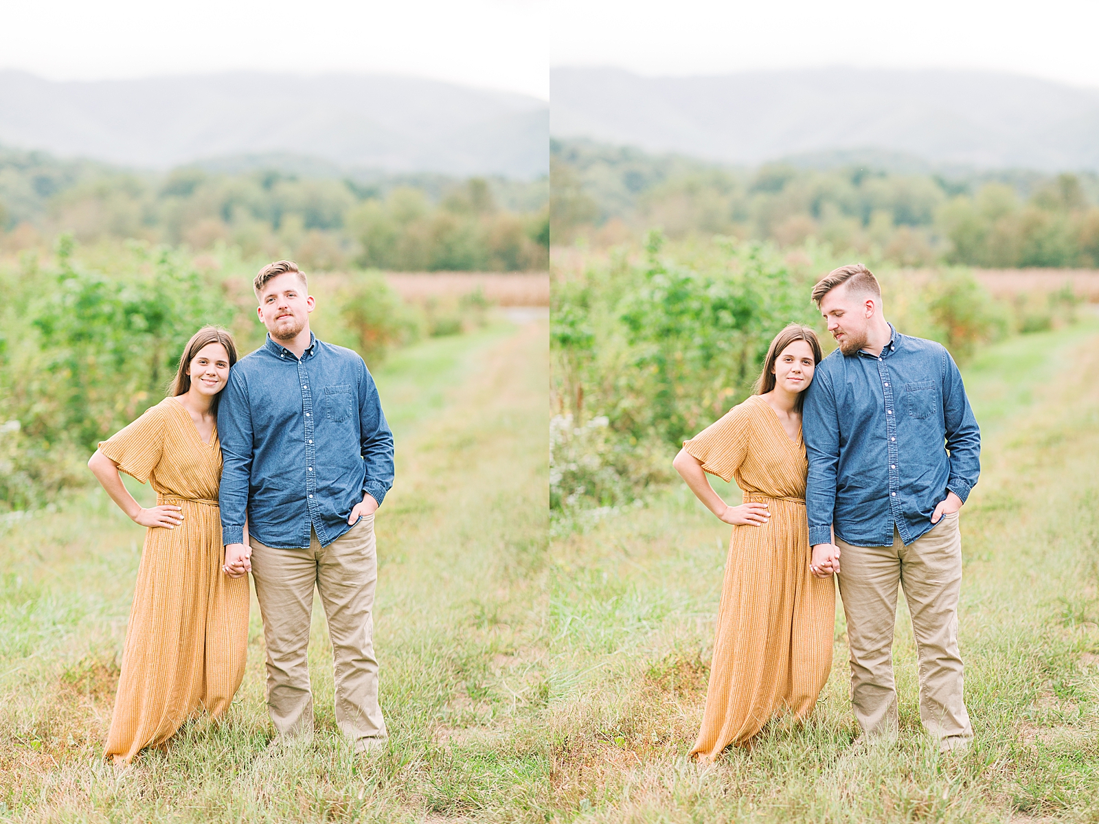  North Carolina Mountain Engagement Session Couple Holding Hands Smiling at the Camera Photos