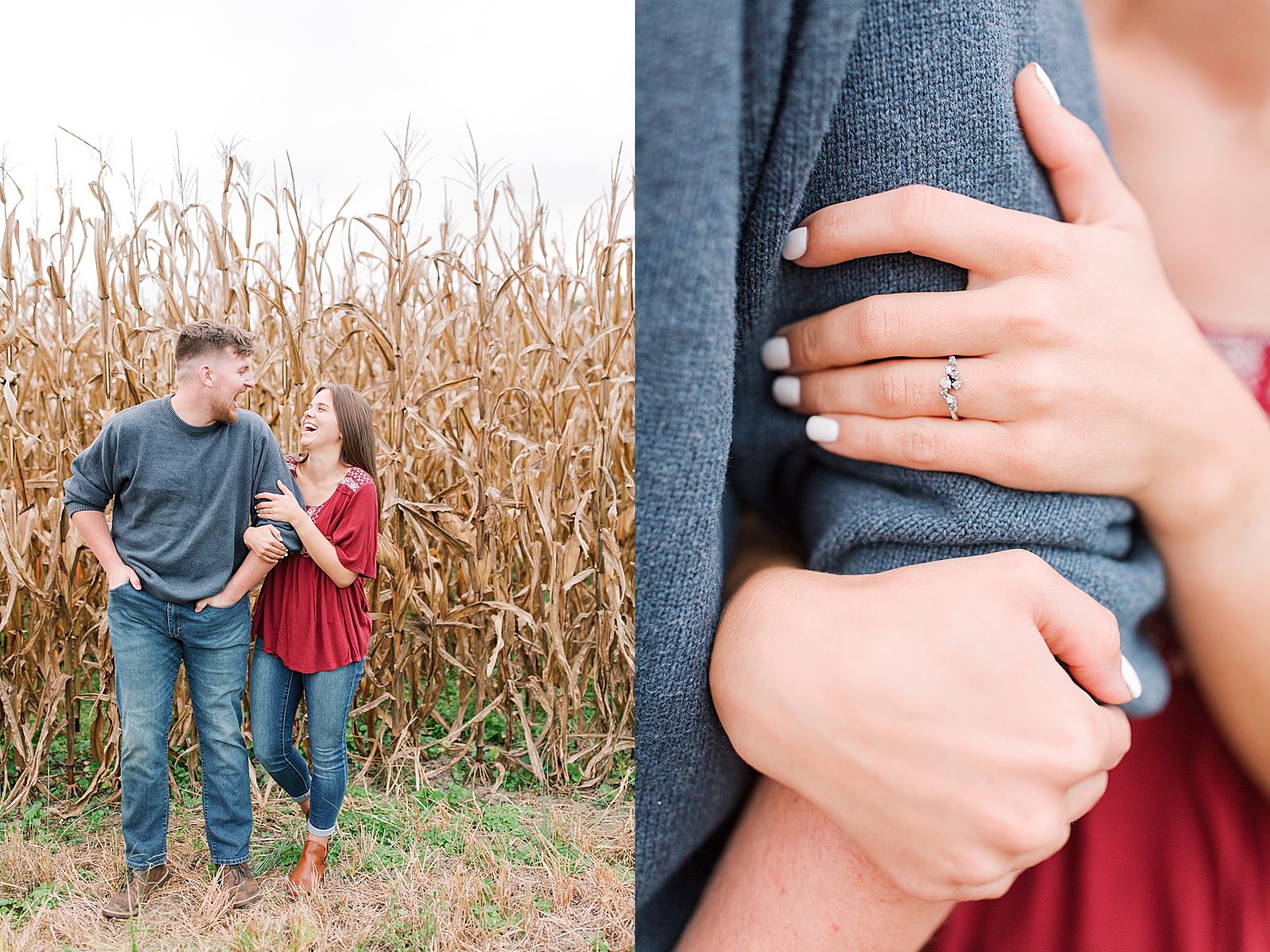  North Carolina Mountain Engagement Session Couple Laughing and Detail of Engagement Ring Photos