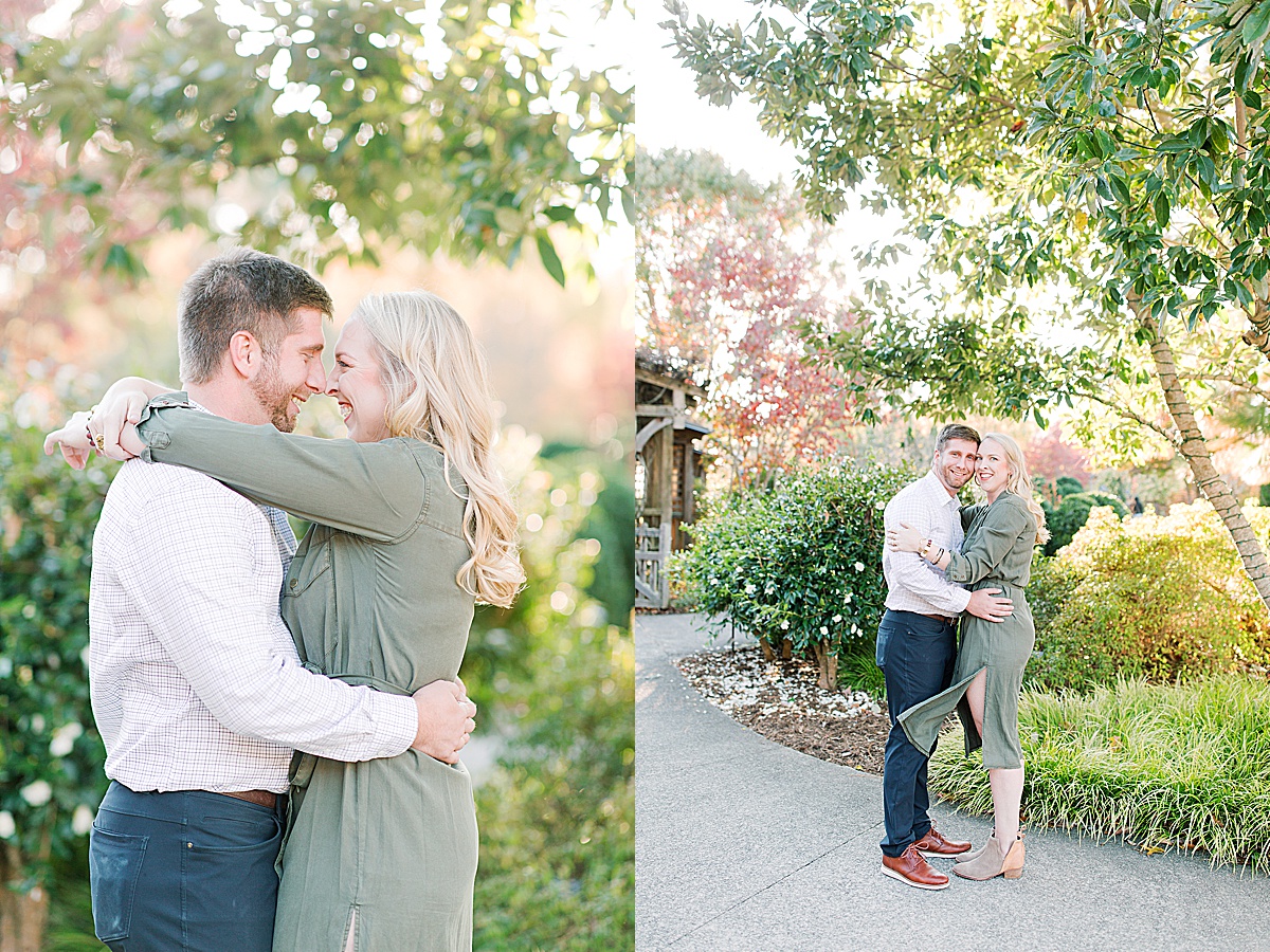 Asheville Arboretum Engagement Session Couple Hugging and Laughing together Photos