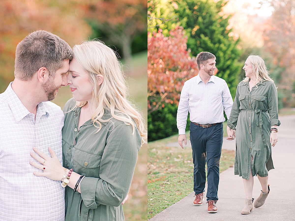 Asheville Arboretum Engagement Session Couple Nose to Nose and Walking Holding Hands Photo