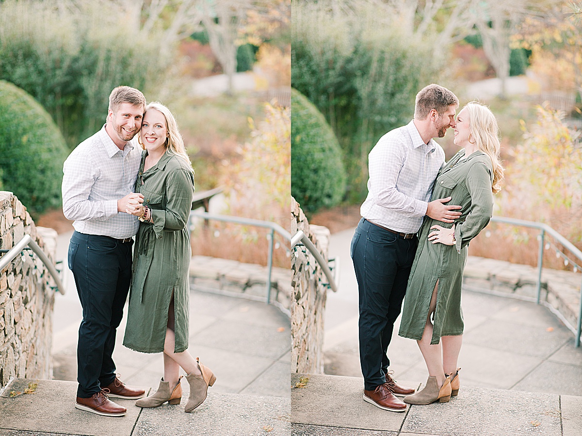 Asheville Arboretum Engagement Session Couple Smiling at Camera and Nose to Nose Photos
