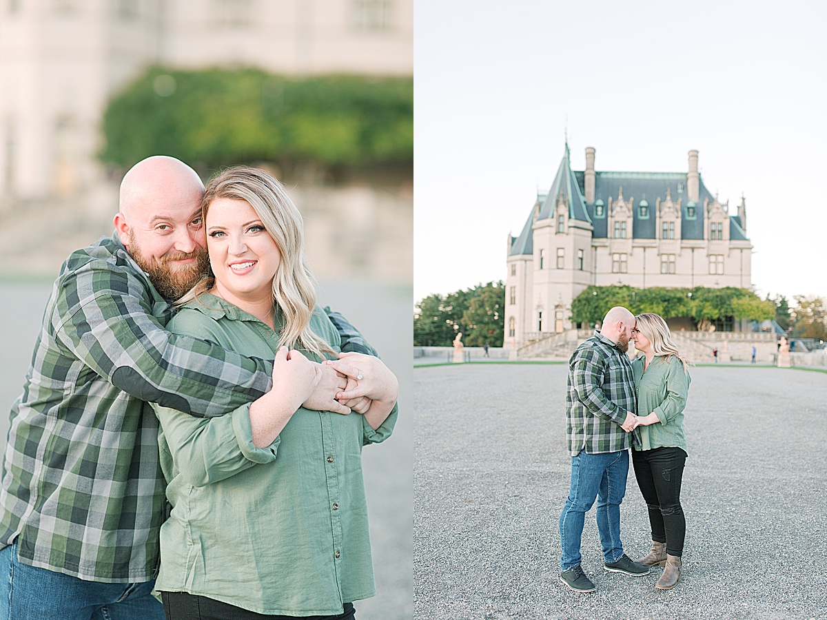 Biltmore Estate Engagement Session Couple Hugging with House in Background Photos