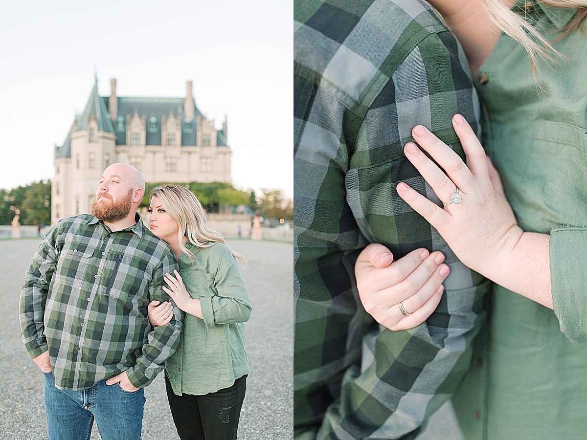 Biltmore Estate Engagement Session Couple Hugging and Looking off and Detail of Ring Photos