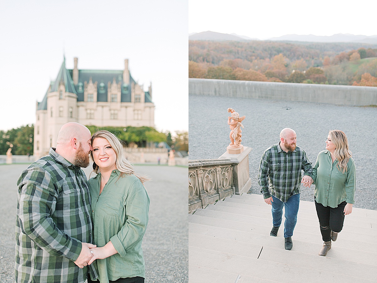 Biltmore Estate Engagement Session Couple Hugging and Walking up Stairs Photos