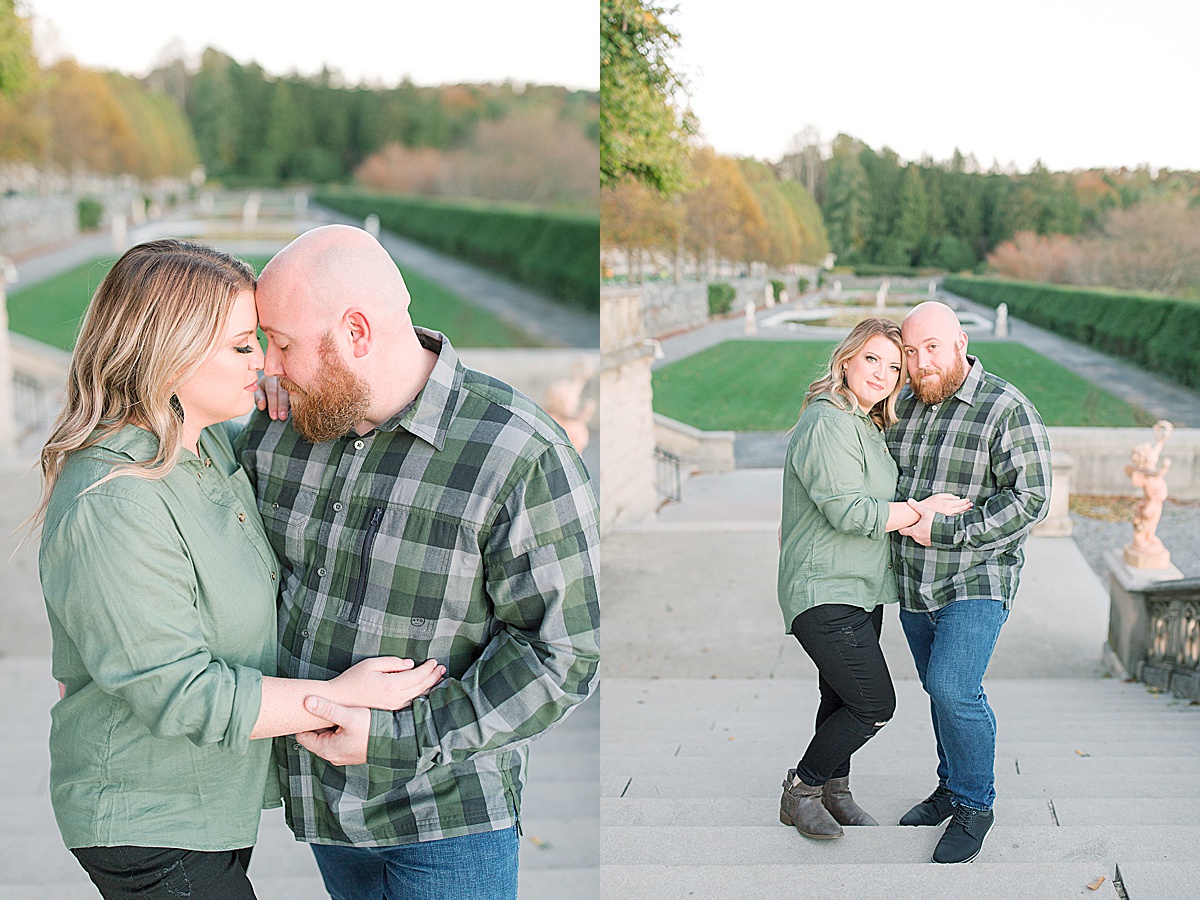 Biltmore Estate Engagement Session Couple Snuggling and Looking at Camera Photos