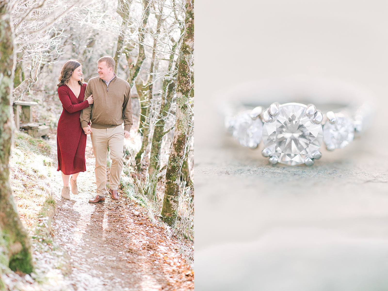 Craggy Gardens Trail Engagement Session Couple Walking and Laughing and detail of ring Photos