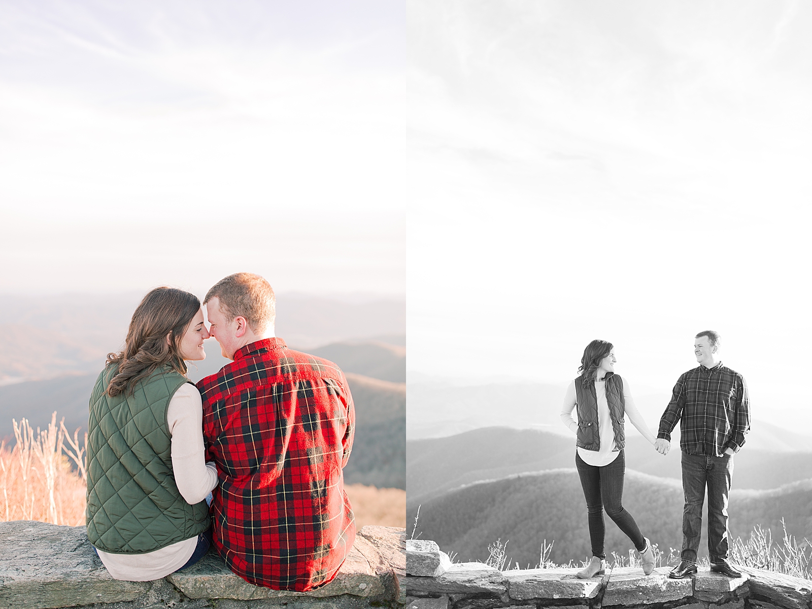 Craggy Gardens Trail Engagement Session Couple Nose to Nose looking at mountains and Black and White of couple holding hands Photos
