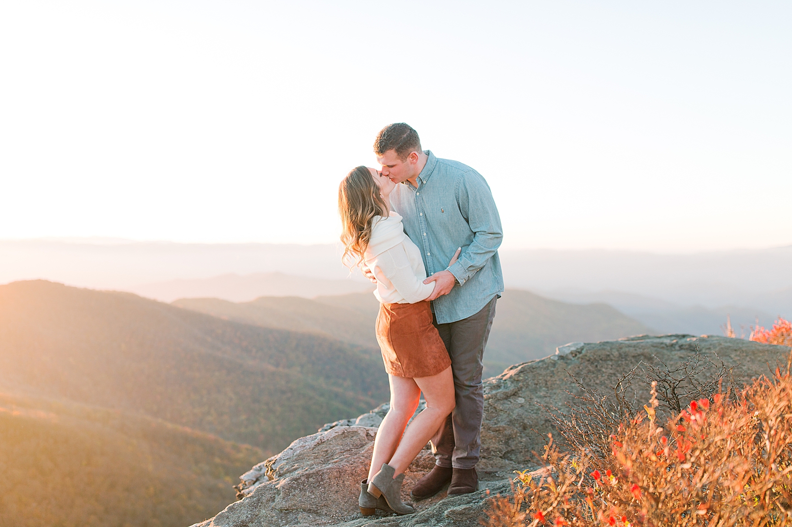 Craggy Gardens Engagement Couple Kissing with Mountain Background Photo