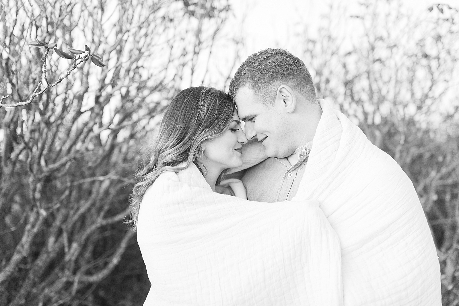 Craggy Gardens Engagement Black and White of Couple Snuggling in Blanket Photo