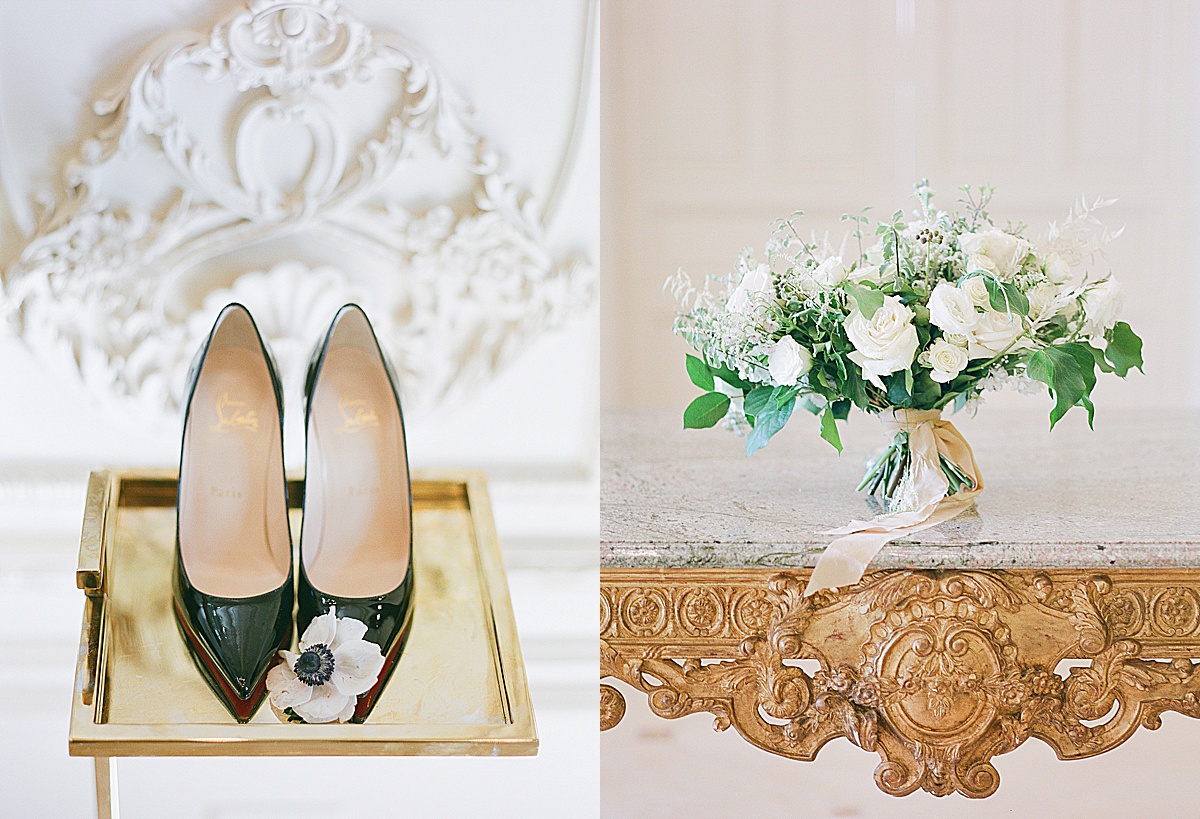 Brides Black High Heels on Gold Tray and Bridal Bouquet on Table Photos 