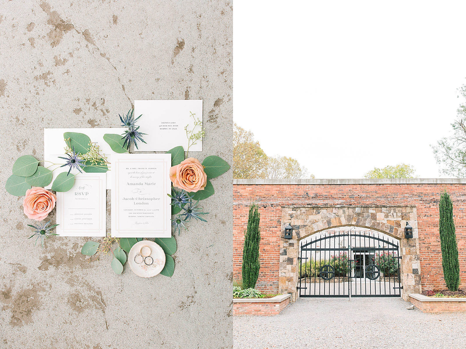 The Hackney Warehouse Wedding Invitation Suite and Iron Gate Entrance Photos