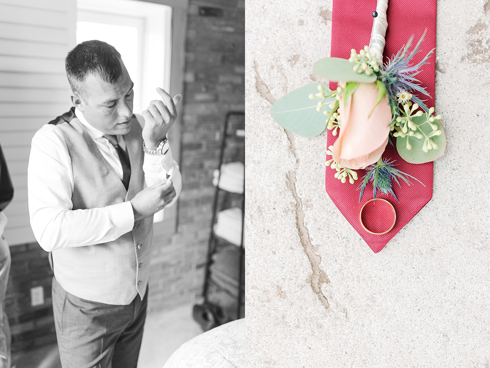 The Hackney Warehouse Black and White of Groom Getting Ready and Detail of Tie with Boutonnière Photos