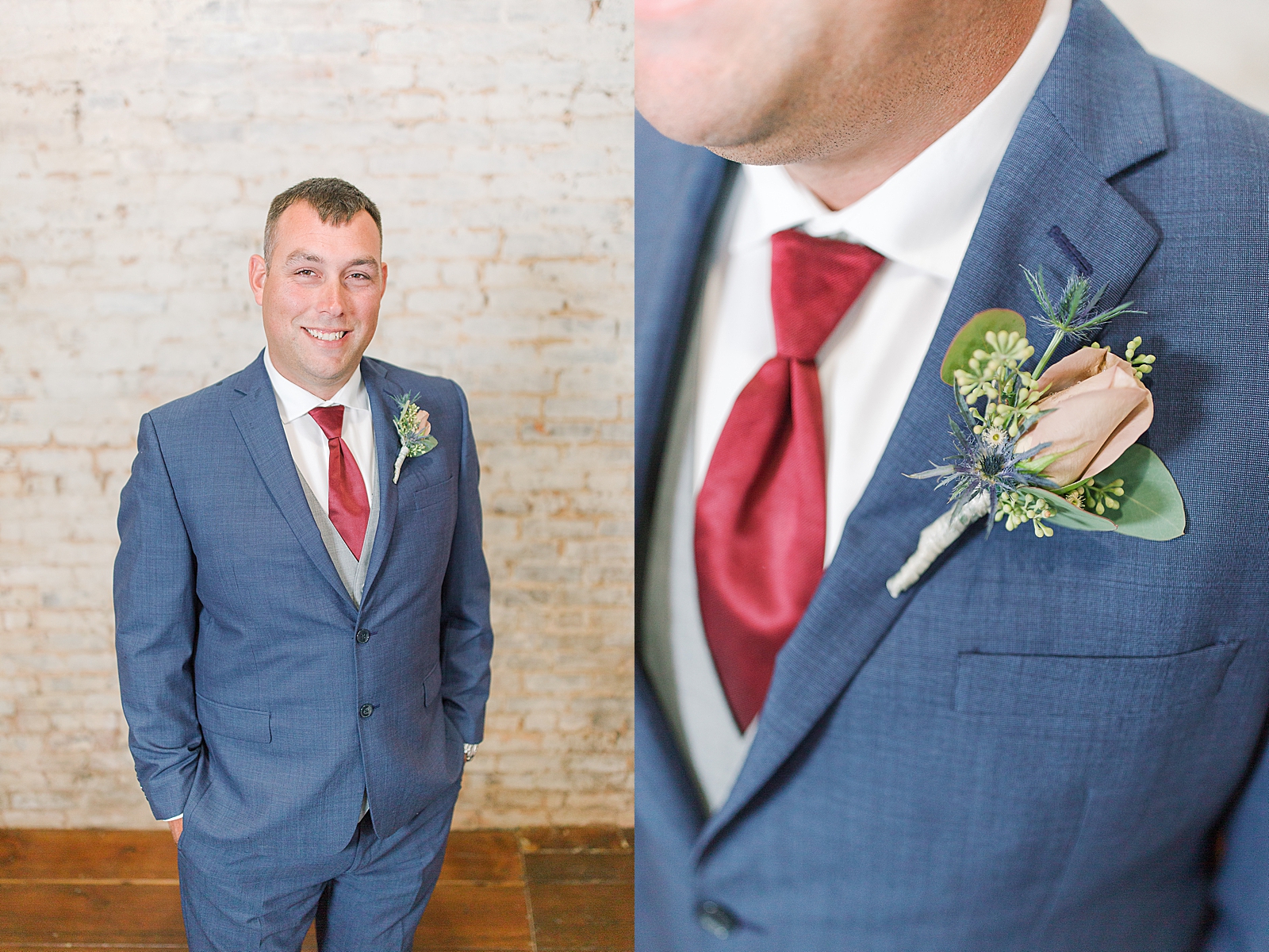 The Hackney Warehouse Groom Smiling at Camera and Detail of Boutonnière Photos