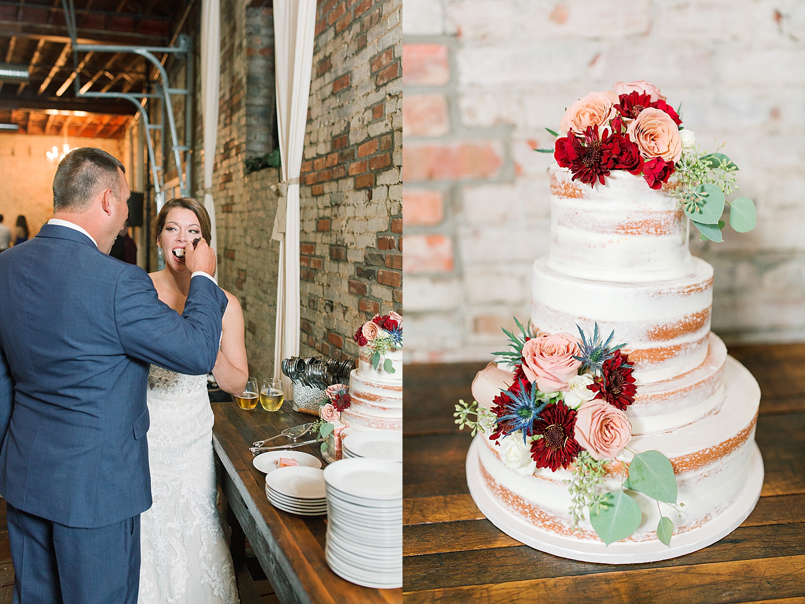 The Hackney Warehouse Wedding Bride and Groom Eating Cake and Wedding Cake Photos