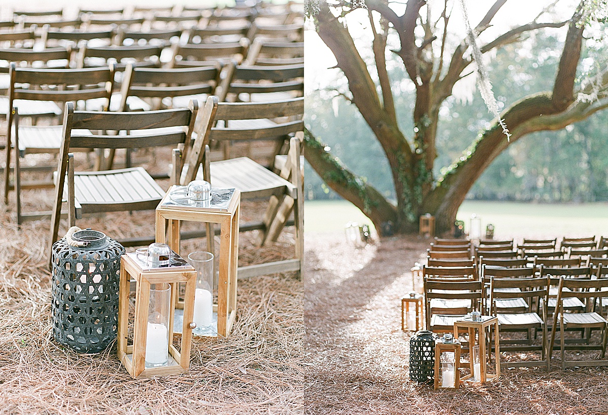 Details of Ceremony Site Lanterns and Chairs at Hewitt Oaks Venue Photos 