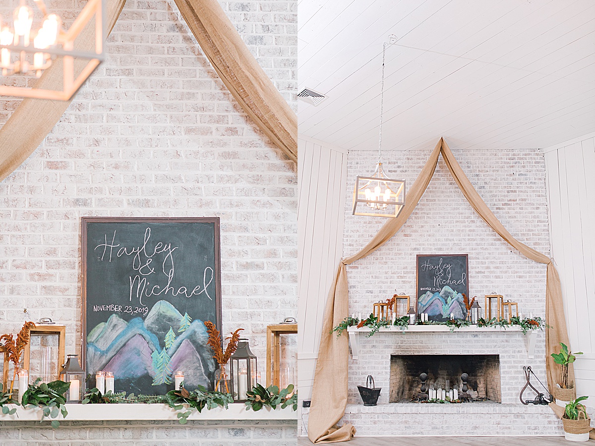 Hayley and Michael's Names on Chalkboard over Fire place Reception Decor 
